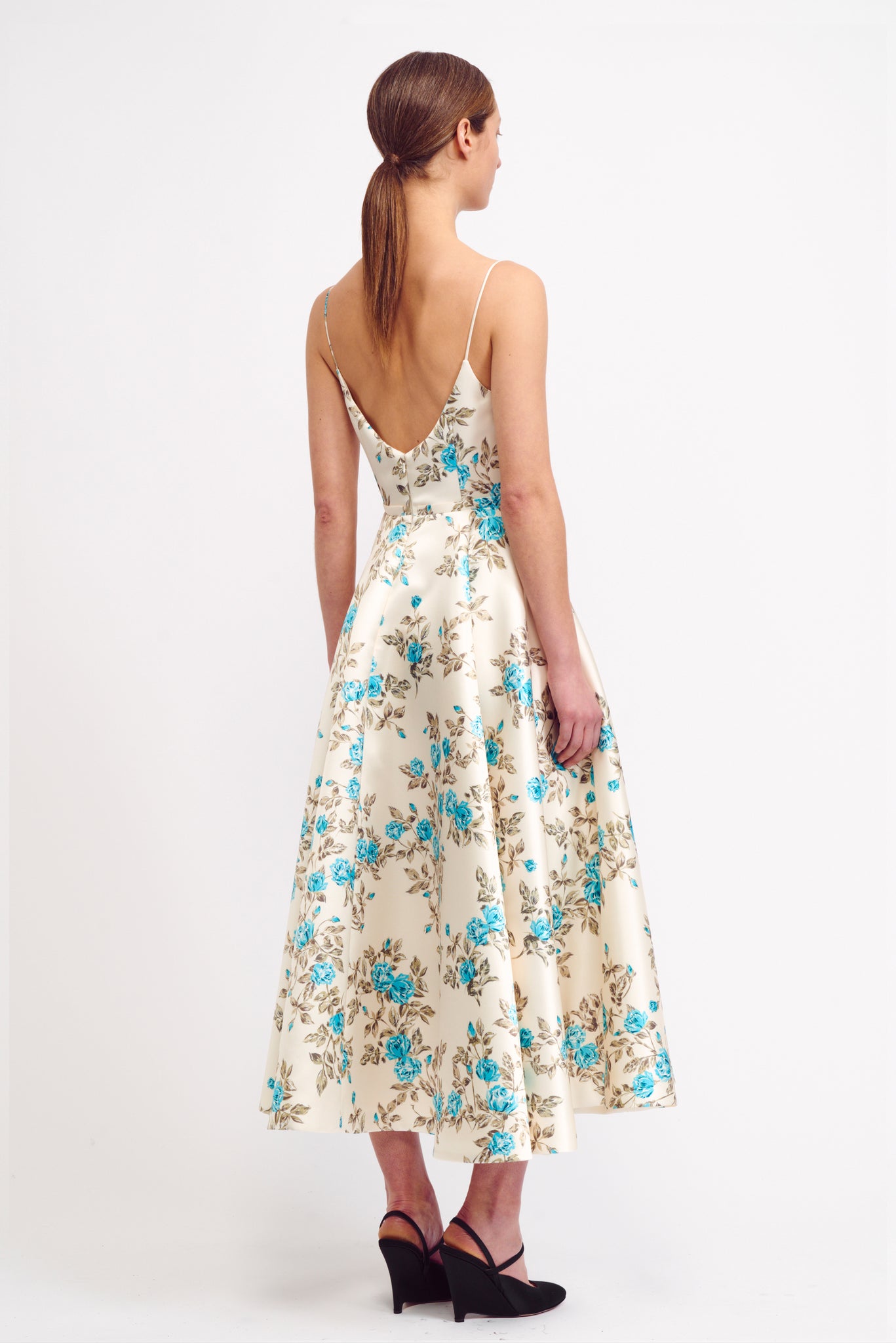 Lanai Dress in Turquoise Floral Printed Italian Duchess Satin | Emilia Wickstead