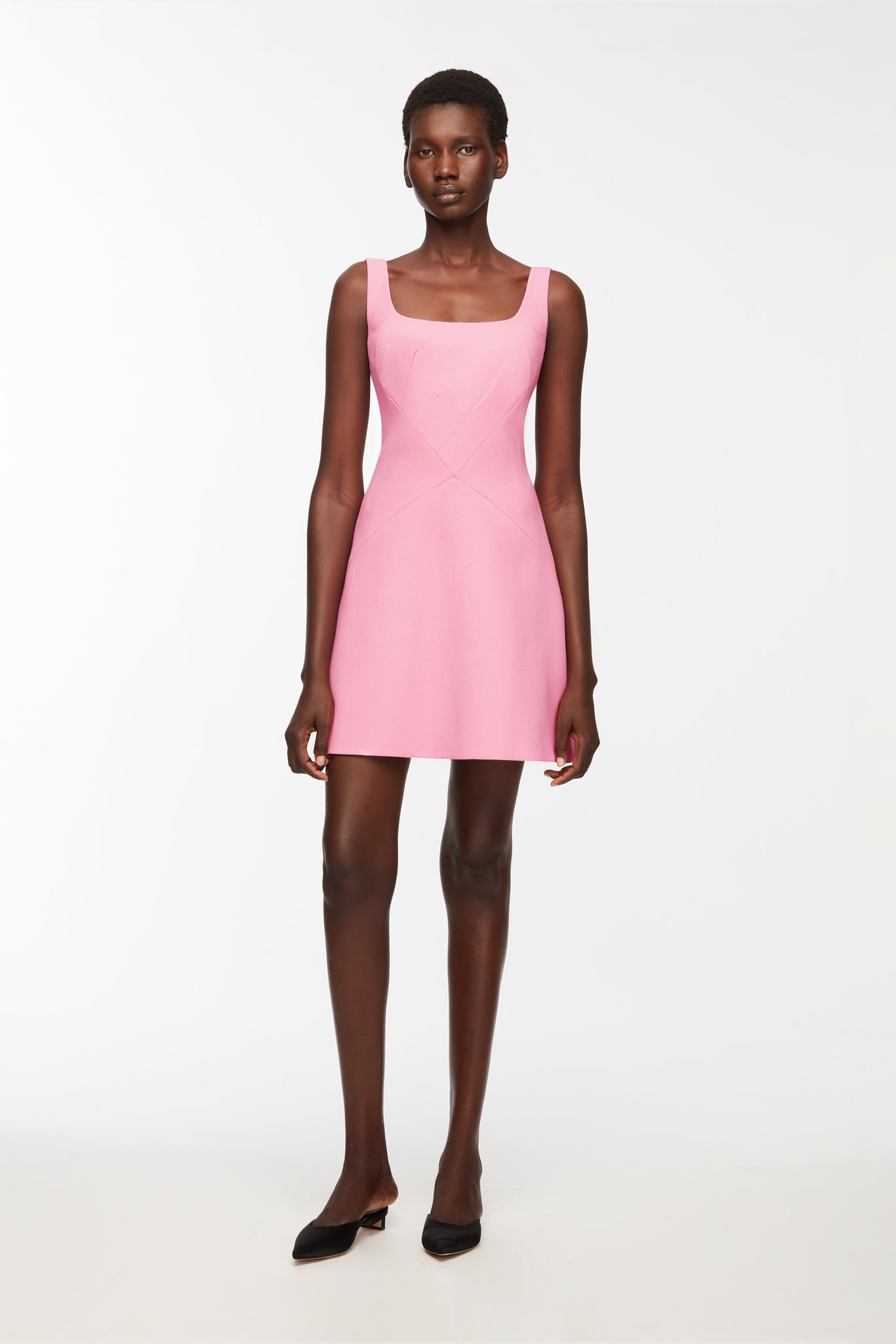 Larvall Dress In Pink Sorbet Single Wool Crepe Model Front Shot | Emilia Wickstead