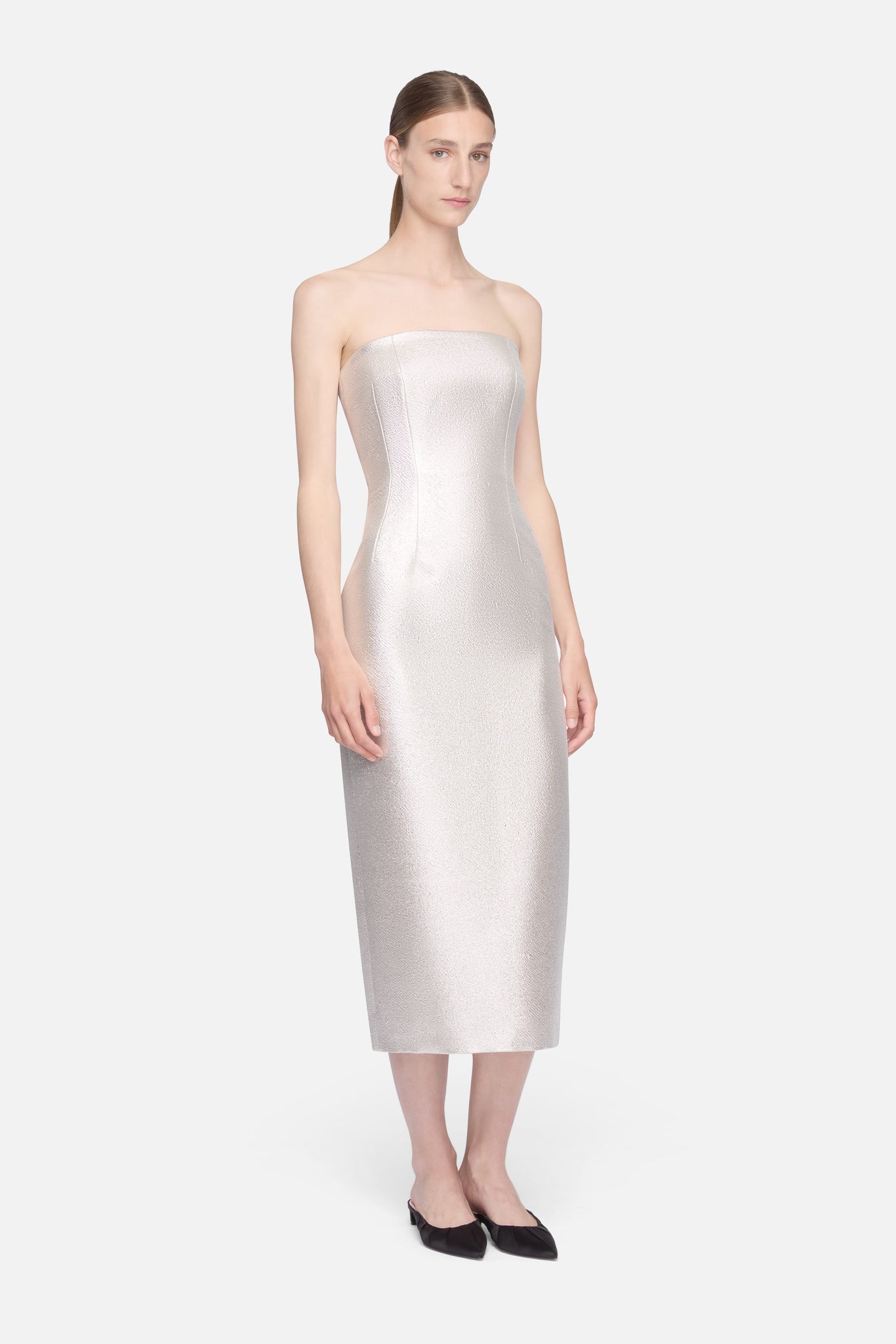 leila boat neck midi dress ivory in Champagne Metallic Cloque UK 10 HARD-TAGGED-SM-08.04.26