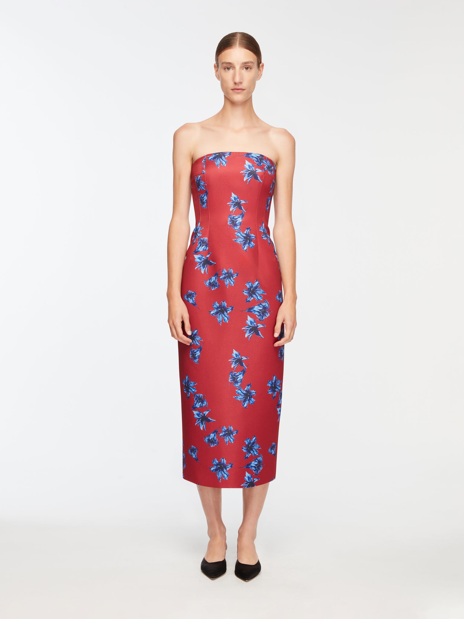 Leila Dress In Red & Blue Festive Lillies Taffeta Faille Model Front Shot | Emilia Wickstead