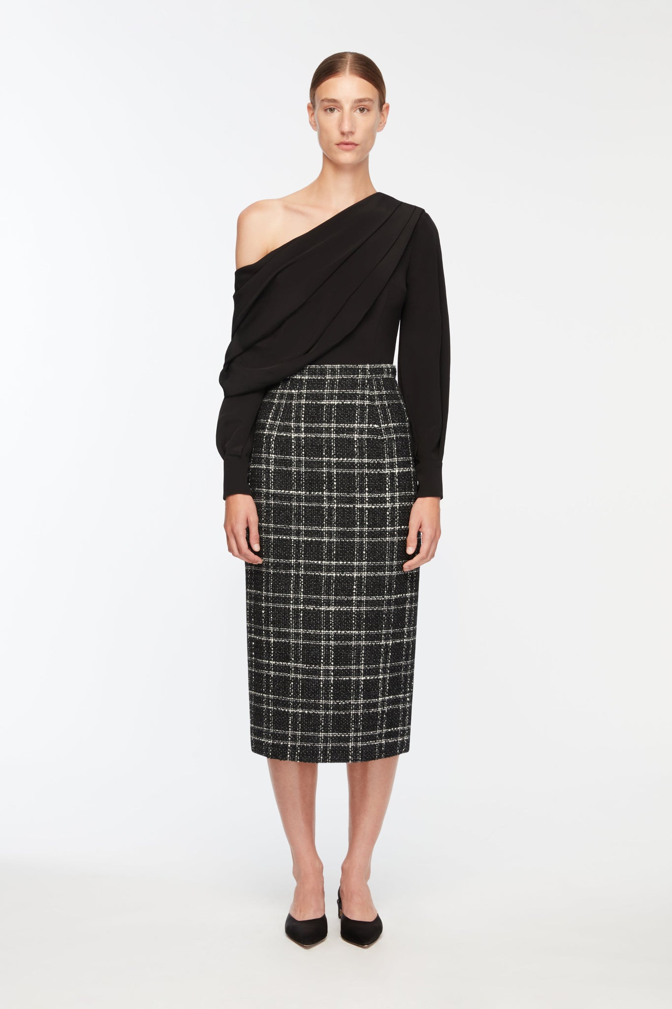 Lorelei Skirt In White Check On Grey Check Boucle Model Front Shot | Emilia Wickstead