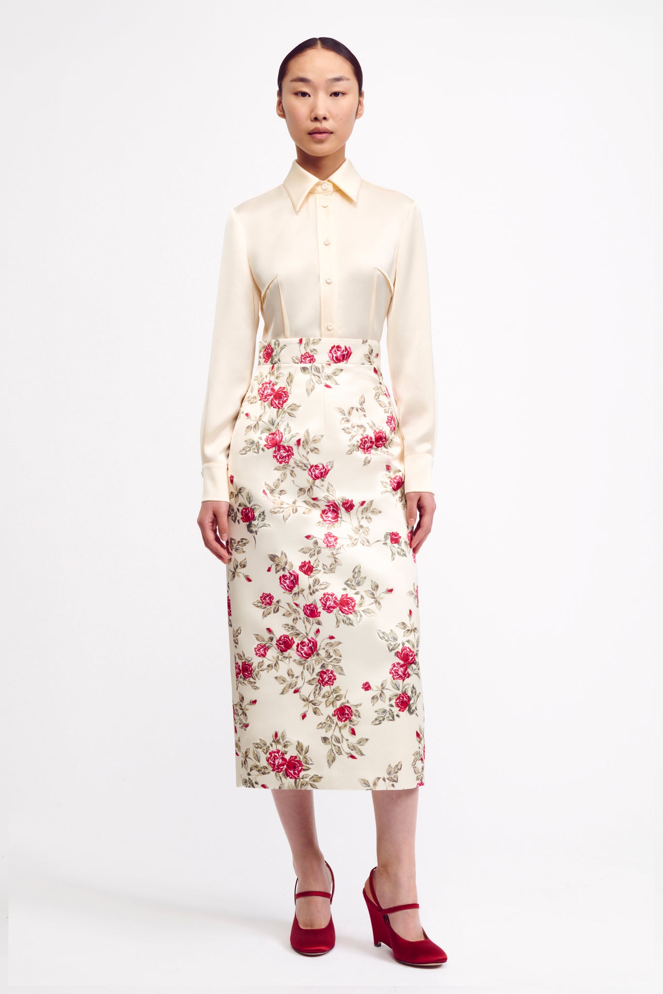 Lorinda Skirt in Red Rose Floral Printed Italian Duchess Satin | Emilia Wickstead