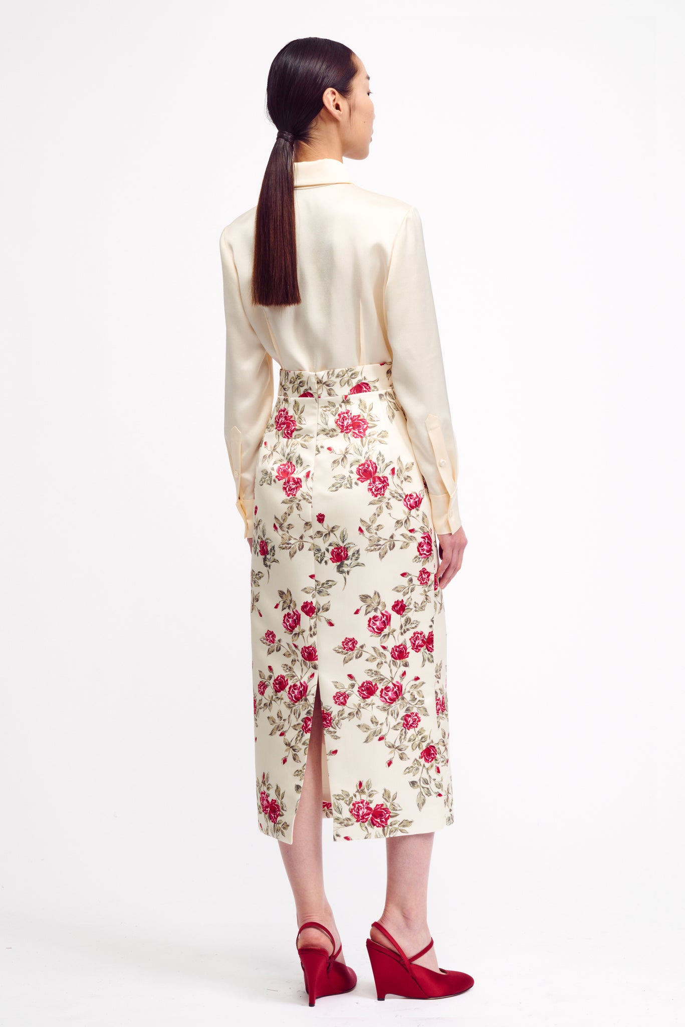 Lorinda Skirt in Red Rose Floral Printed Italian Duchess Satin | Emilia Wickstead