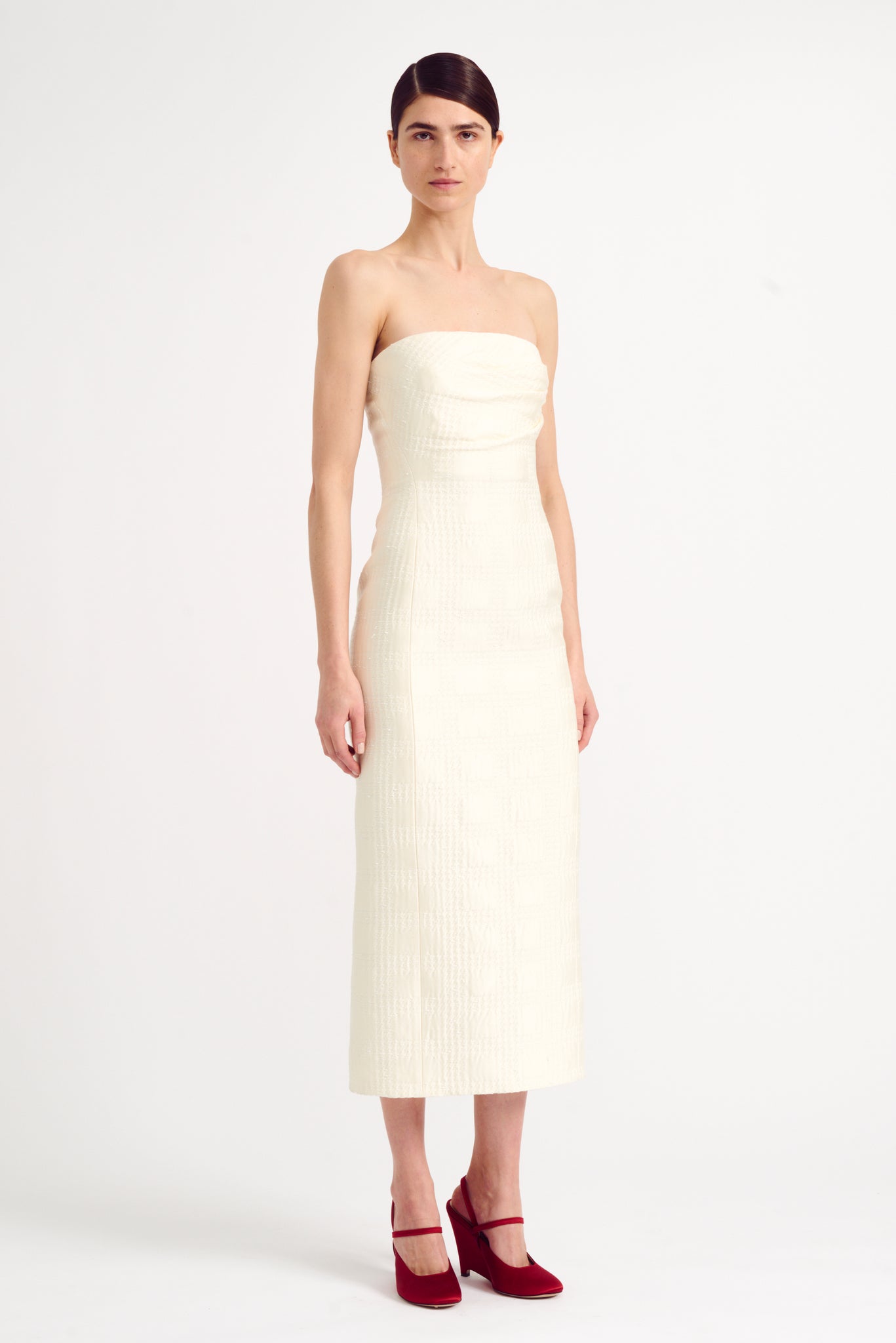 Lowre Strapless Dress in Check Ivory Tweed | Emilia Wickstead