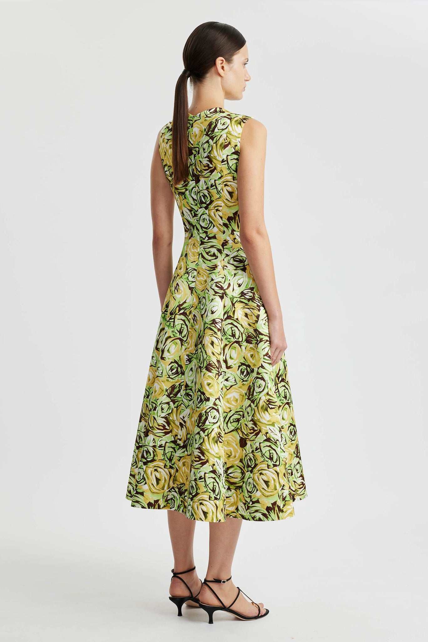 Madi Dress In Abstract Green And Lemon Rose Printed Twill | Emilia