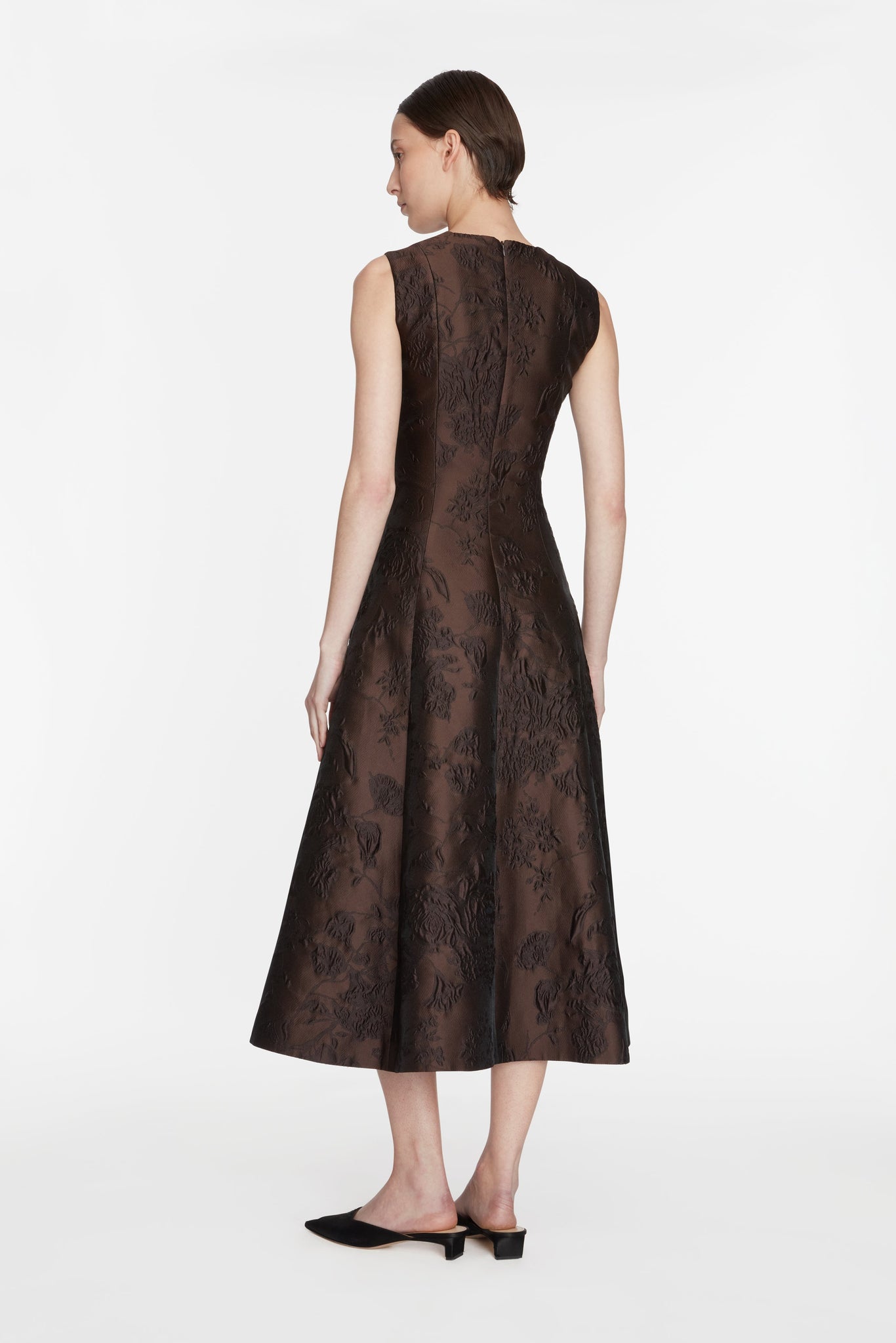 Mara Dress in Brown Graphic Floral Model Back Shot | Emilia Wickstead
