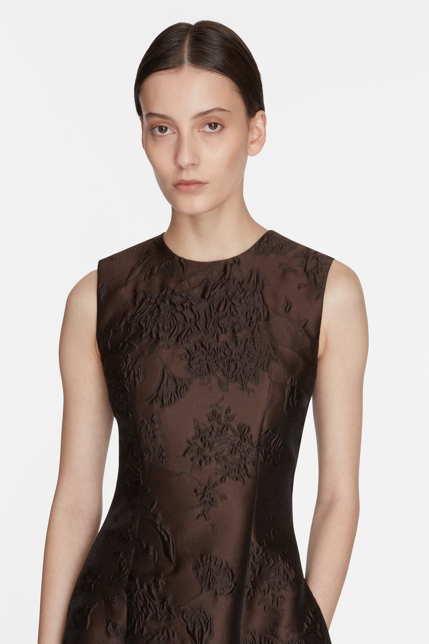 Mara Dress in Brown Graphic Floral Model Detail Shot | Emilia Wickstead