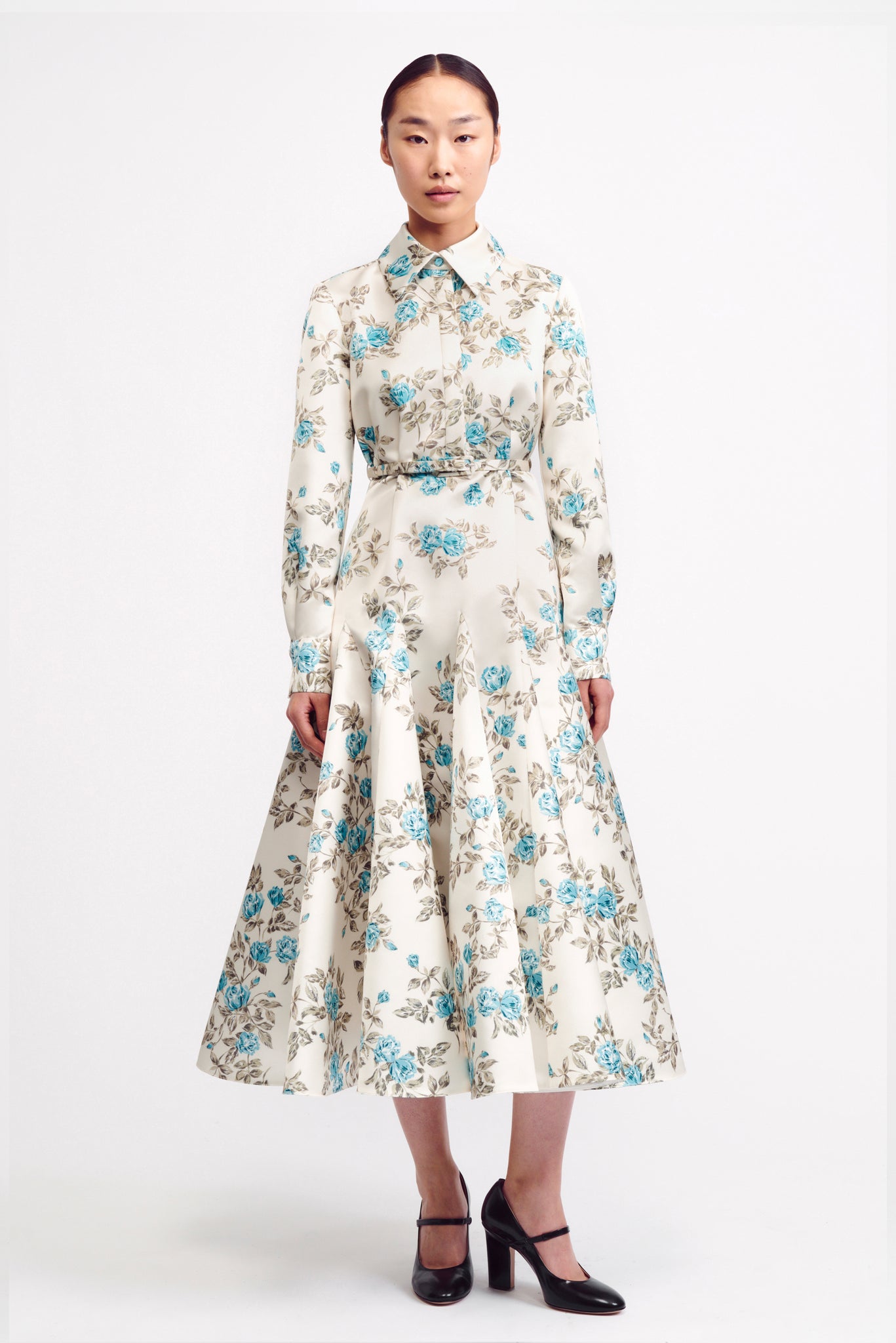 Marion Turquoise Floral Printed Italian Duchess Satin Dress