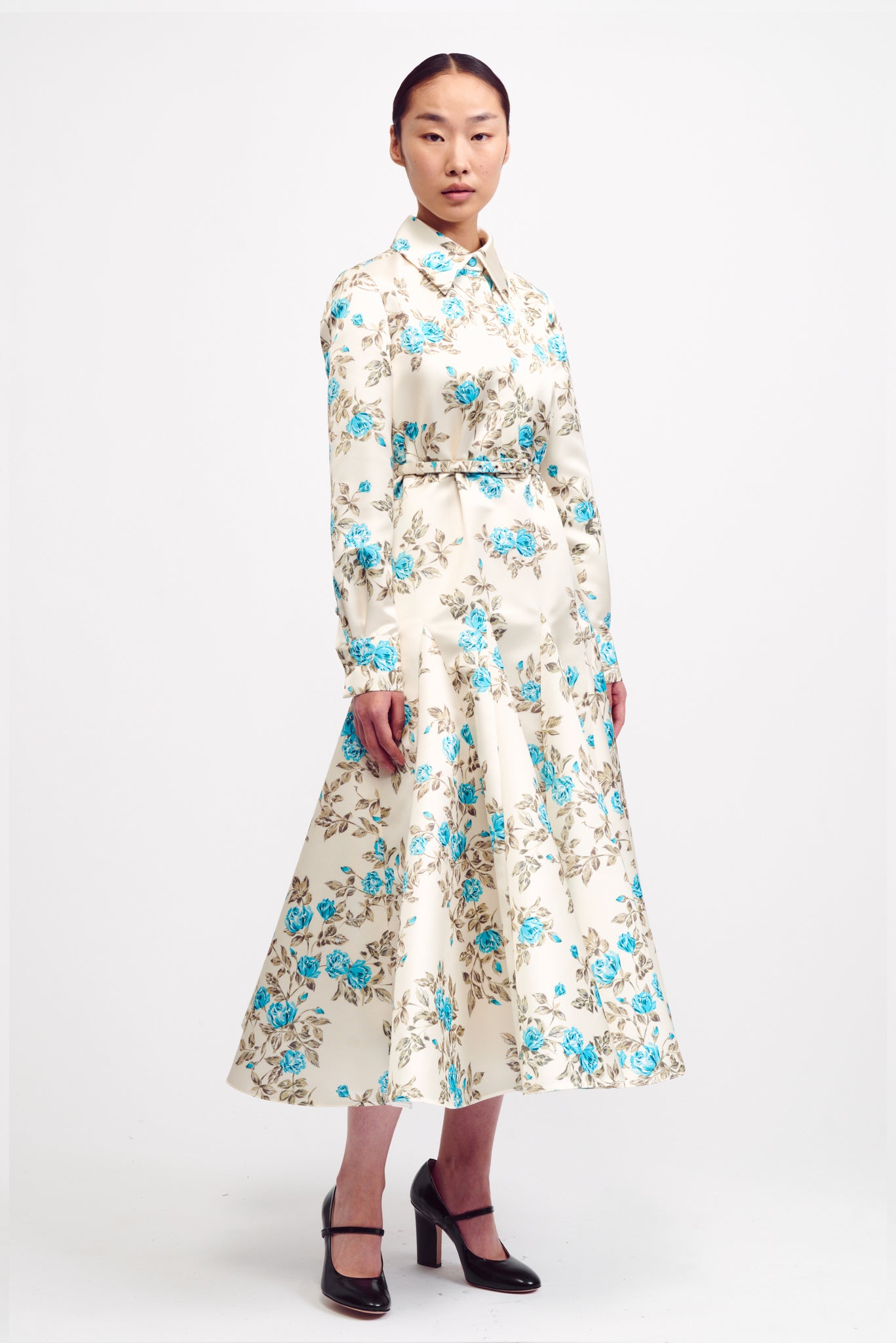 Marion Turquoise Floral Printed Italian Duchess Satin Dress