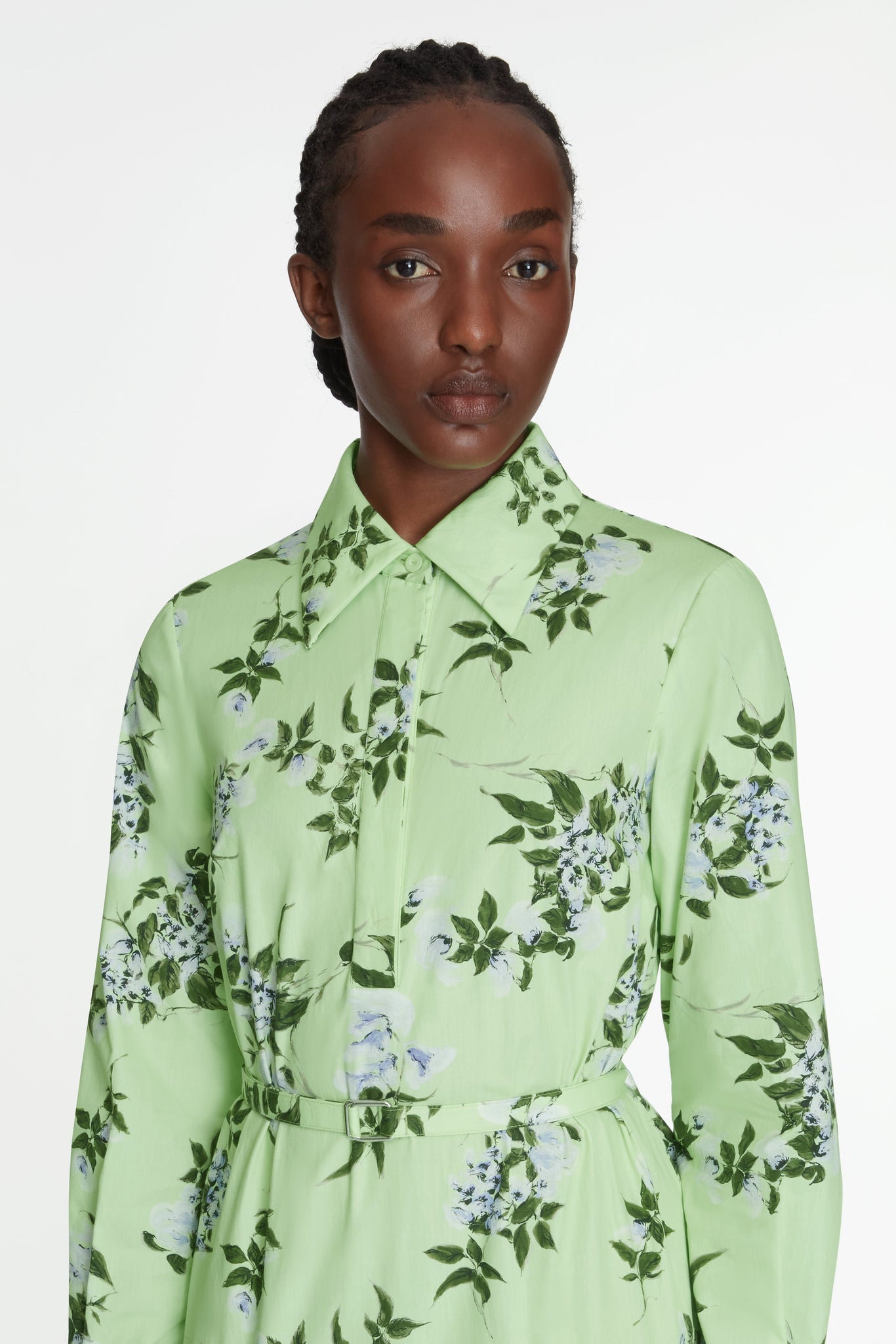 Marion Dress In Lilac Lillies & Cherry print on Green Organic Cotton |  Emilia Wickstead