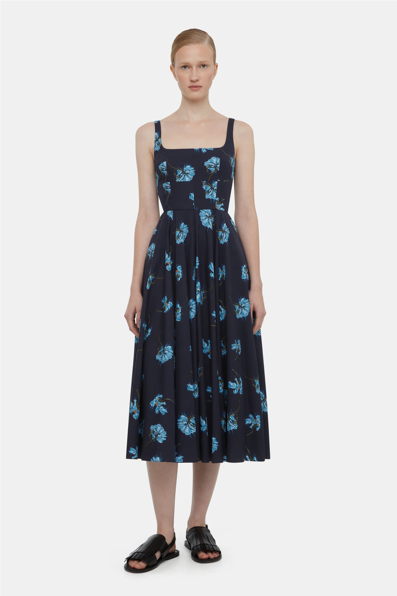 Mona Dress with Blue Flowers on Navy Cotton | Emilia Wickstead Mona Dress with Blue Flowers on Navy Cotton | Emilia Wickstead