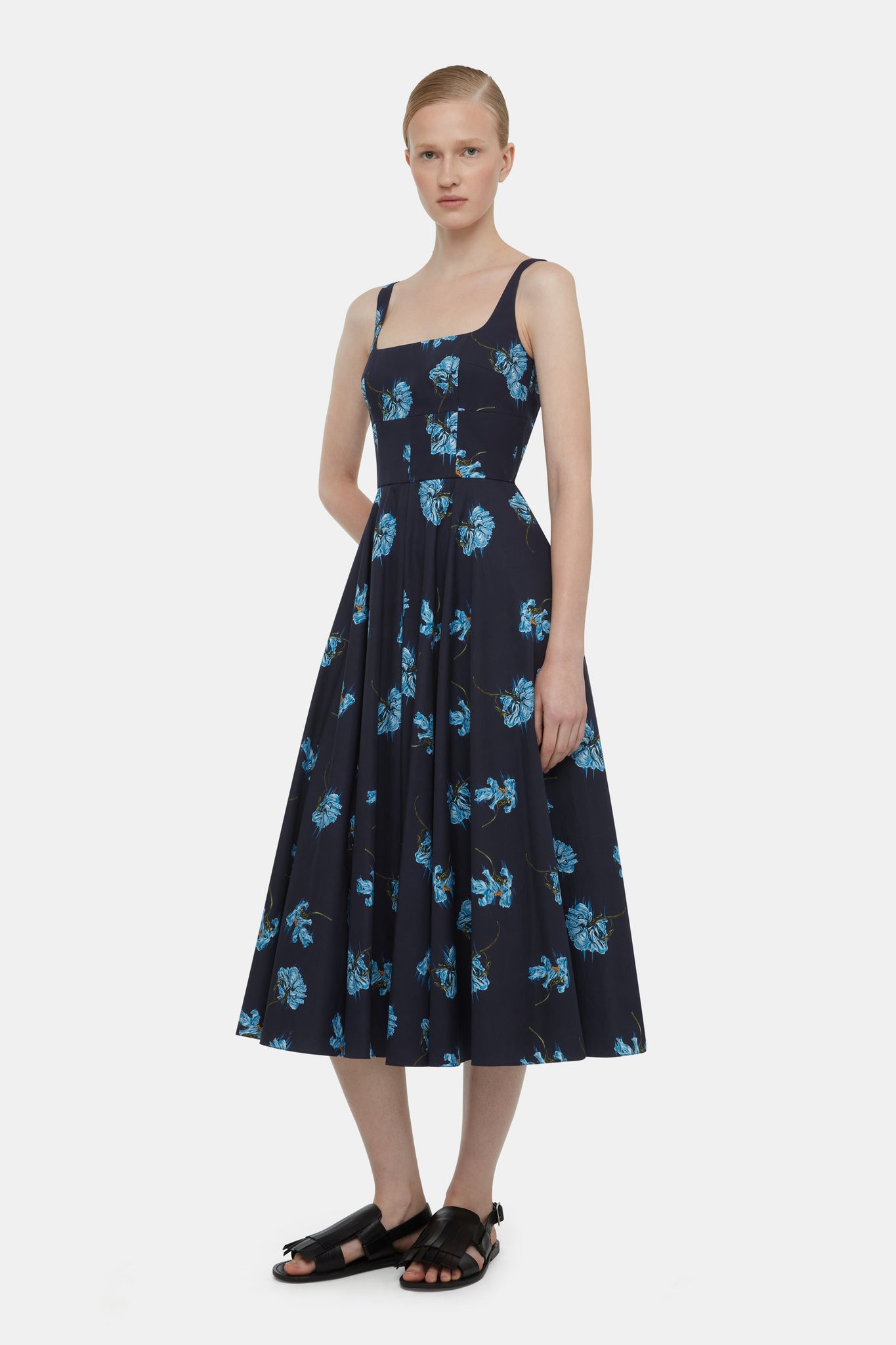 Mona Dress with Blue Flowers on Navy Cotton | Emilia Wickstead Mona Dress with Blue Flowers on Navy Cotton | Emilia Wickstead