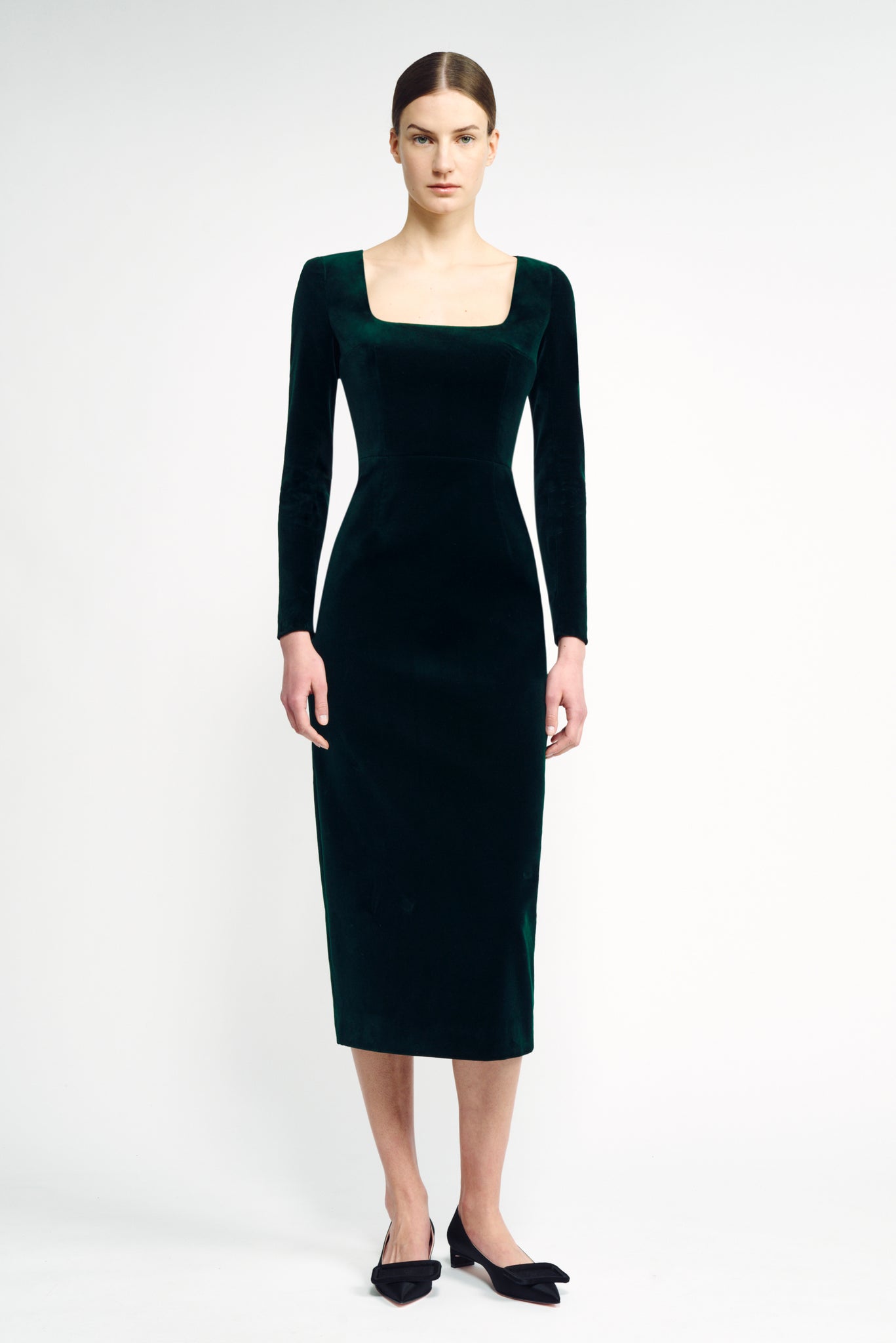 Nyla Dress | Dark Green Velvet Square Neck Pencil Dress | Emilia Wickstead