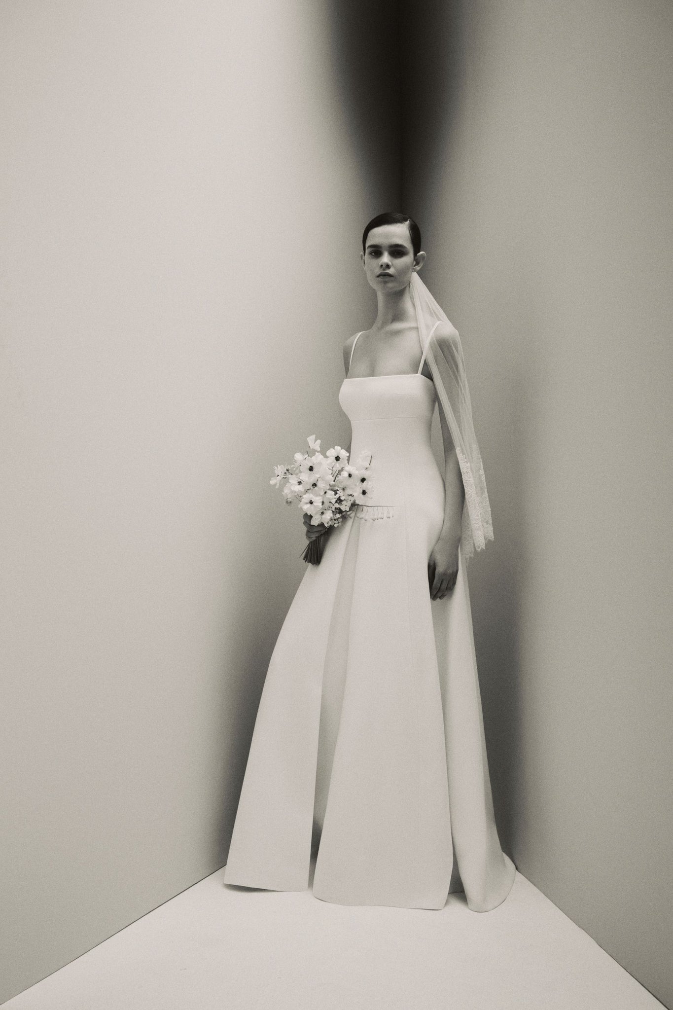 Oceana Bridal Dress in Ivory Double Wool Crepe with the Acanthus Veil | Emilia Wickstead