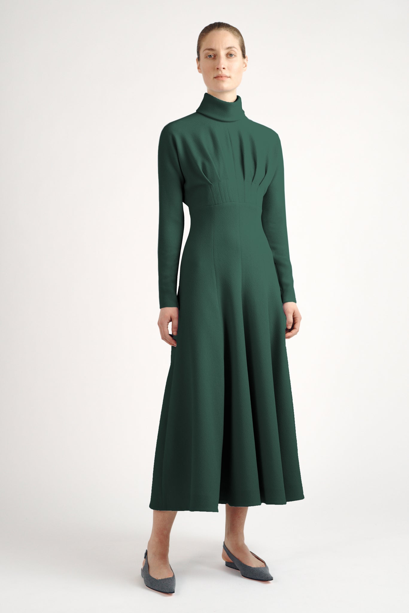 Oakley Dress | Dark Green Long Sleeve High Neck Dress | Emilia Wickstead