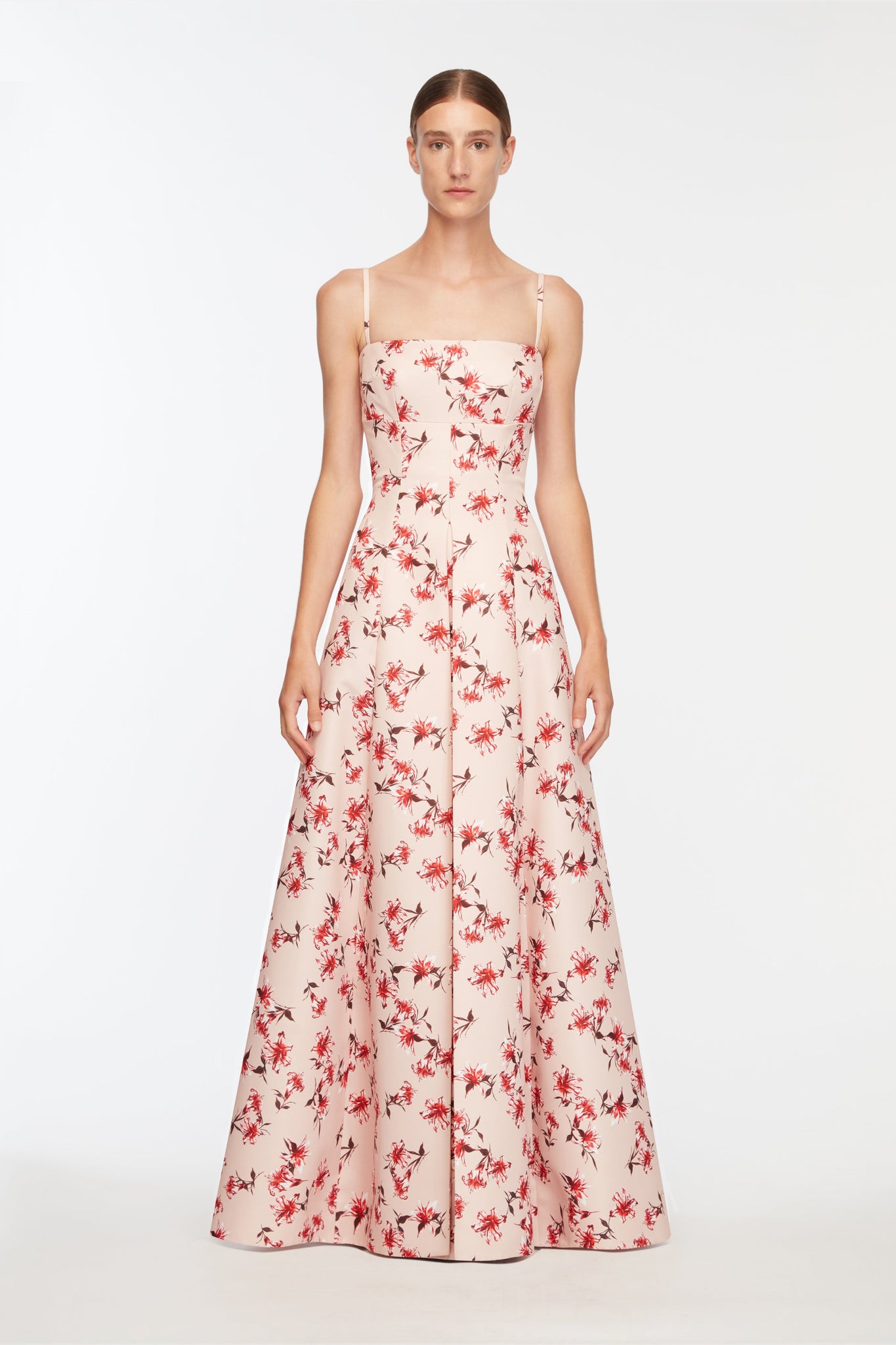 Oceana Dress in Red Summer Lillies on Pink Taffeta Faille Model Front Shot | Emilia Wickstead