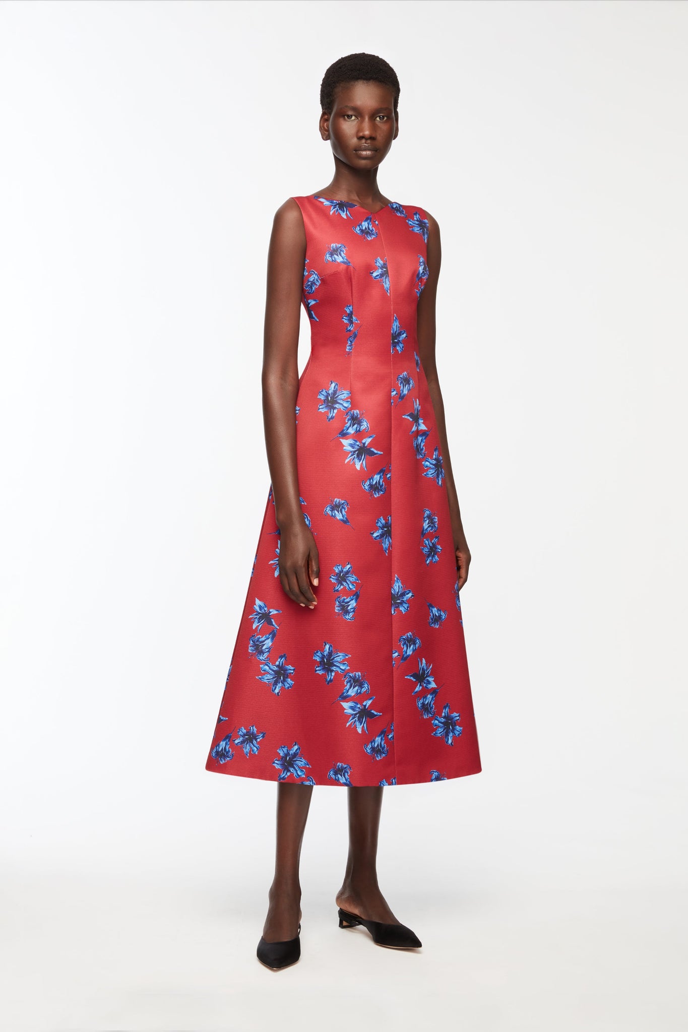 Octavie Dress In Red & Blue Festive Lillies Taffeta Faille Model Front Shot | Emilia Wickstead