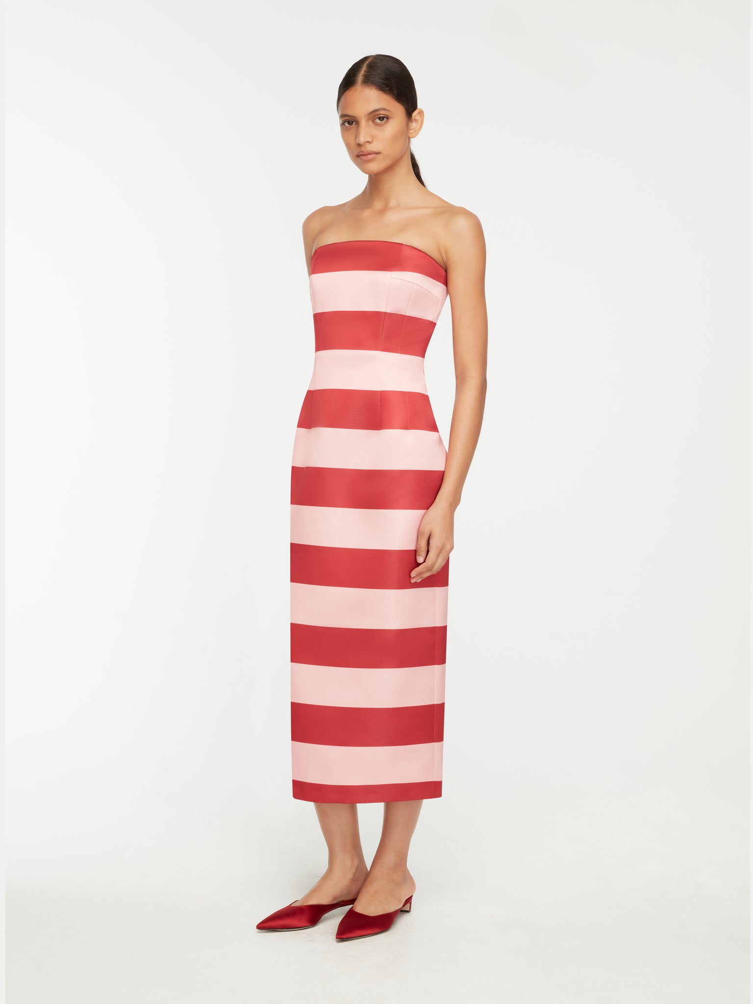 Leila Dress In Pink And Red Stripe Italian Duchess Satin