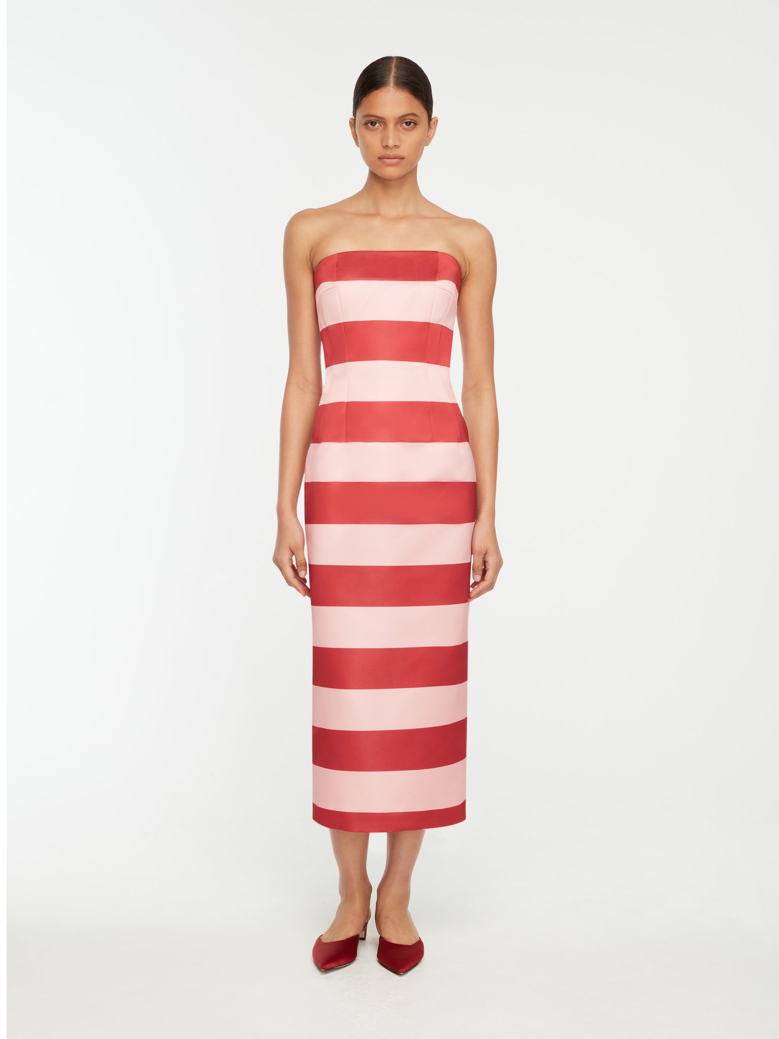 Leila Dress In Pink And Red Stripe Italian Duchess Satin