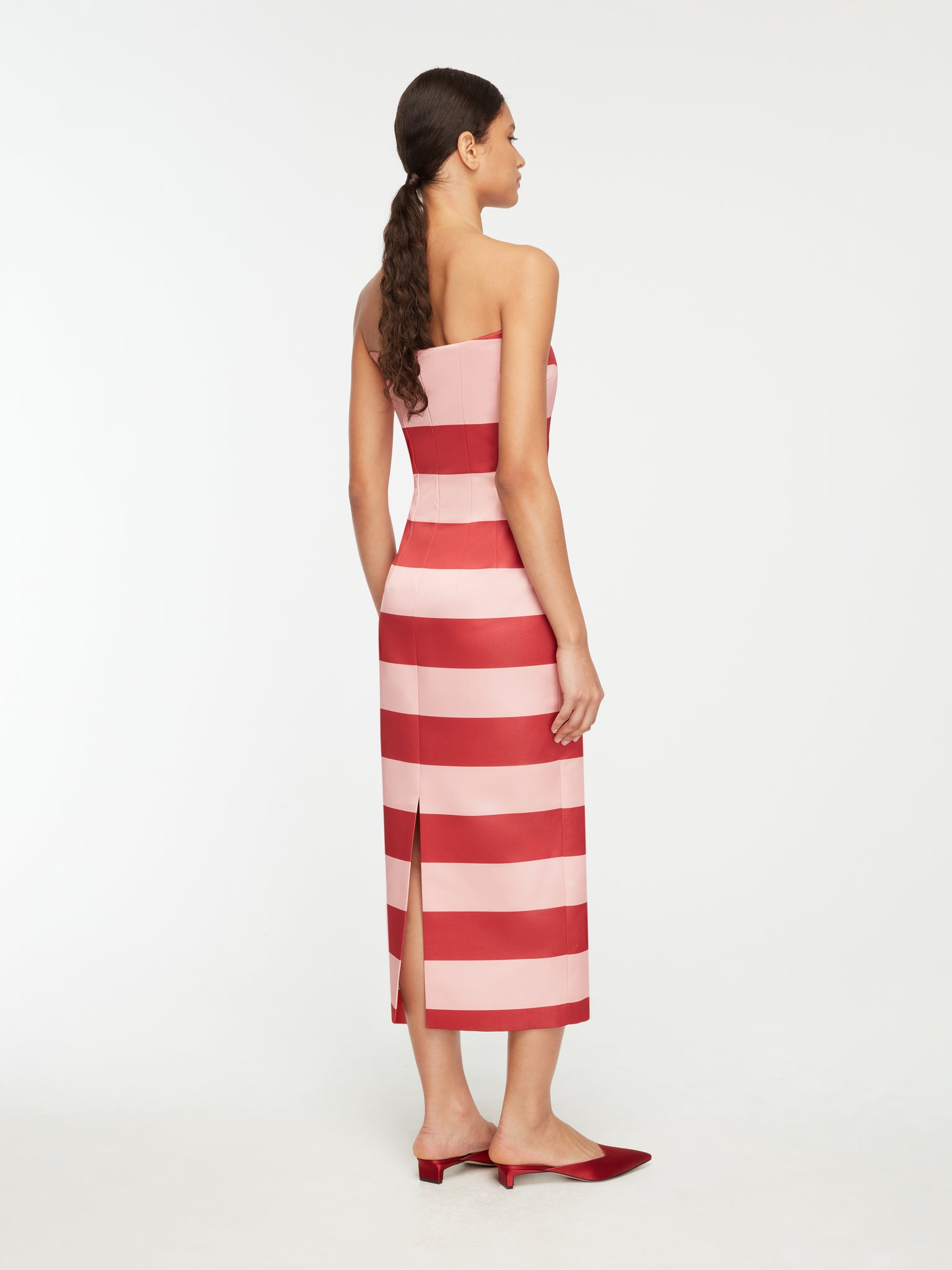 Leila Dress In Pink And Red Stripe Italian Duchess Satin