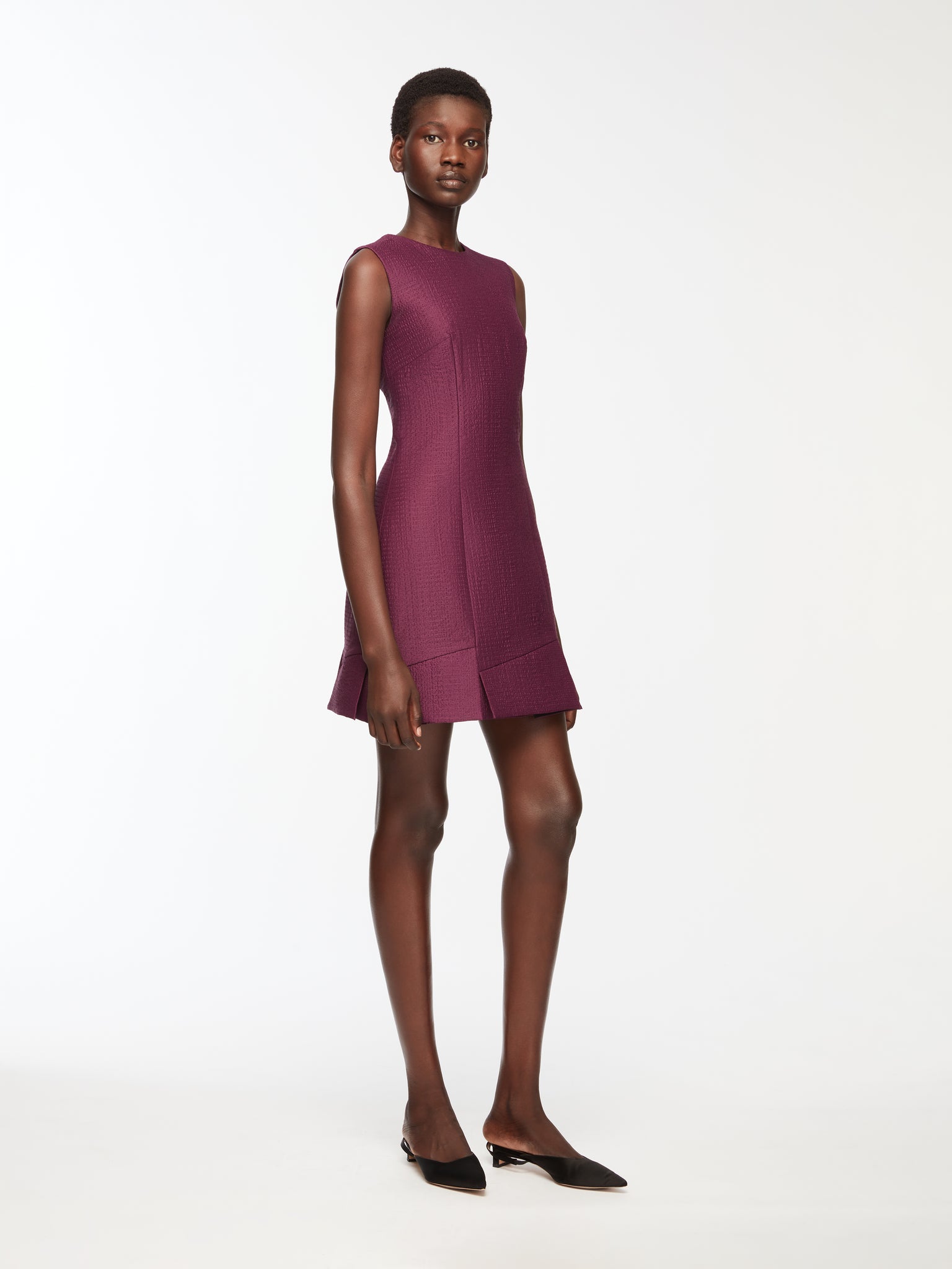 Petronella Dress In Plum Needle Punch Satin Model Front Shot | Emilia Wickstead