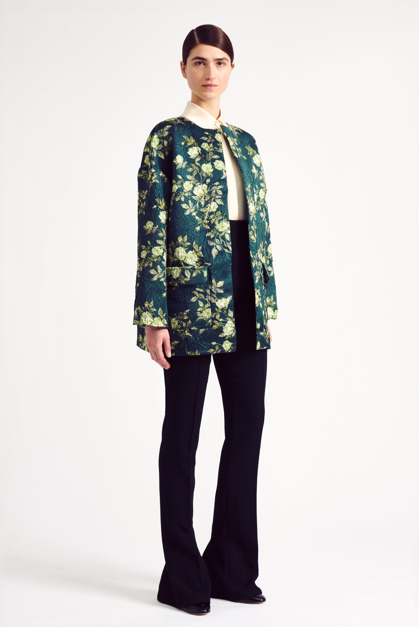 Philidia Jacket in Chartreuse Floral Printed Crushed Italian Duchess Satin | Emilia Wickstead