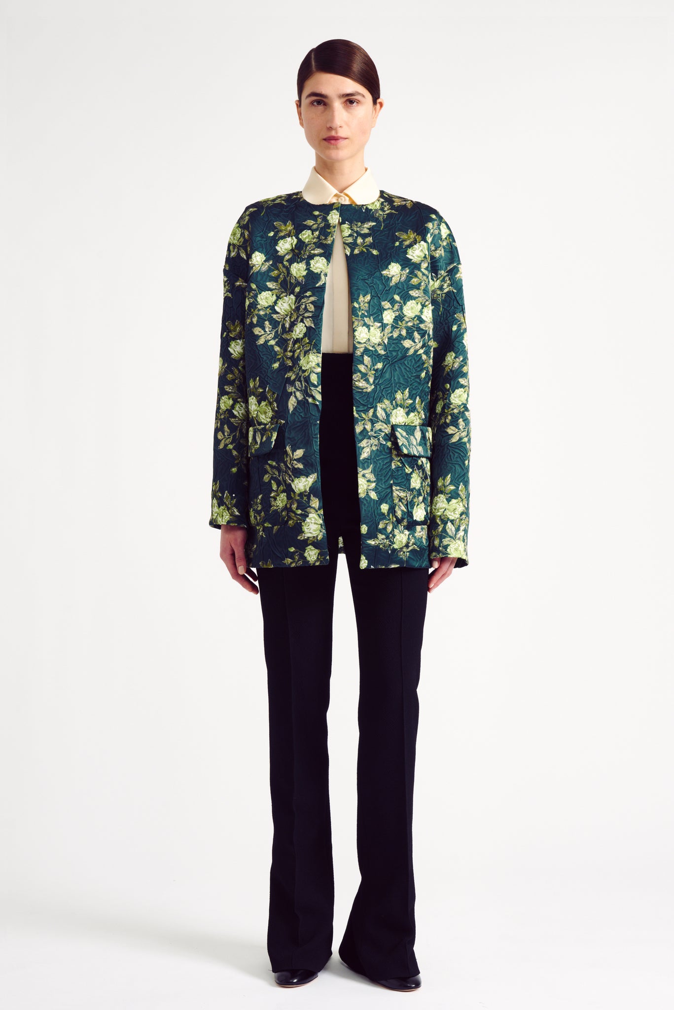 Philidia Jacket in Chartreuse Floral Printed Crushed Italian Duchess Satin | Emilia Wickstead