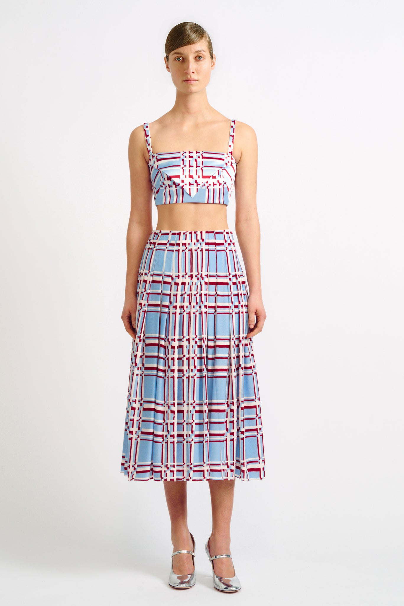 Richie Skirt | Red and Blue Check Kinfe Pleat Midi Skirt | Emilia Wickstead