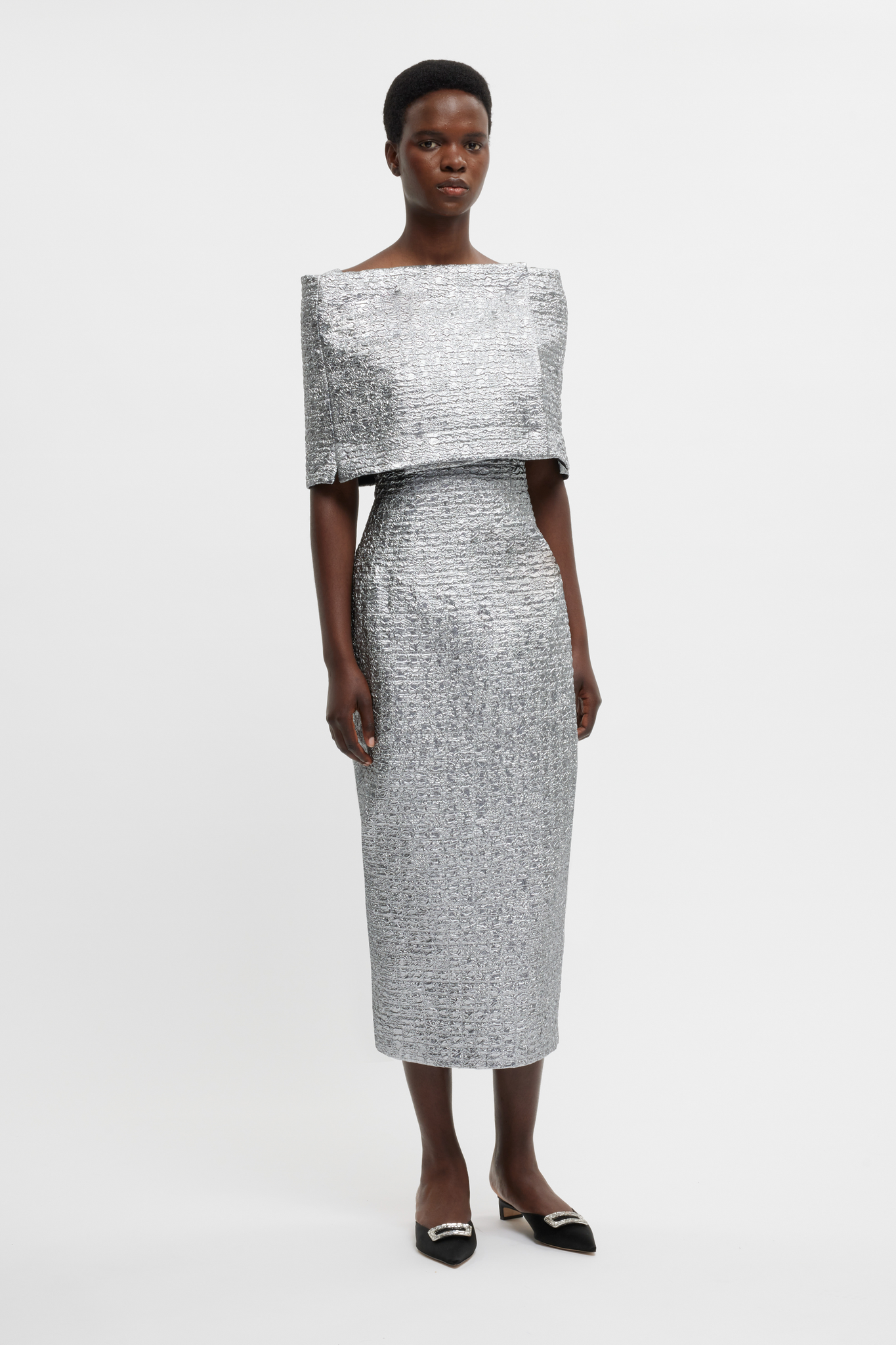 Bibiana Wrap In Silver Metallic Seersucker | Emilia Wickstead