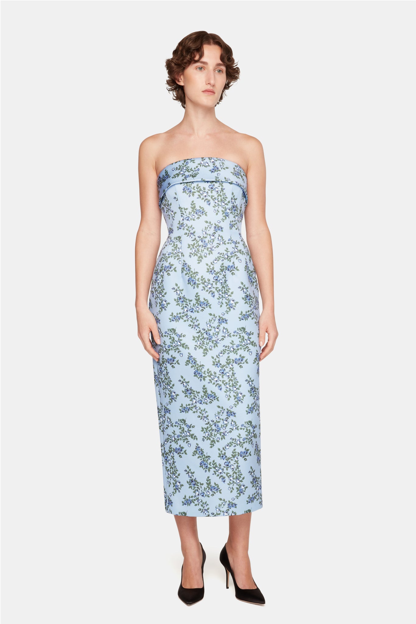 Keeley Strapless Dress in Blue Rose Printed Tafetta Faille - Emilia Wickstead