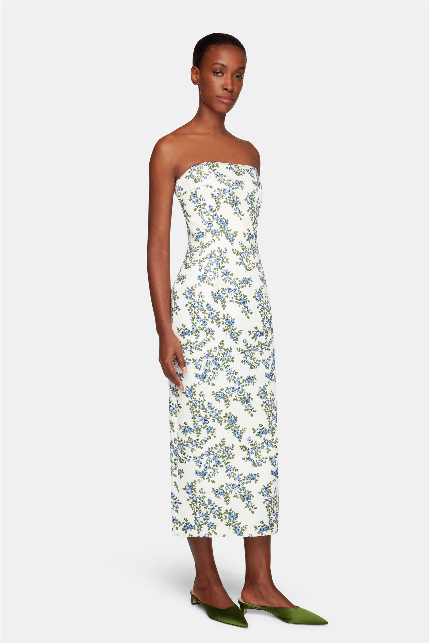 Leila Strapless Dress In Blue Roses on White Taffeta Faille - Emilia Wickstead