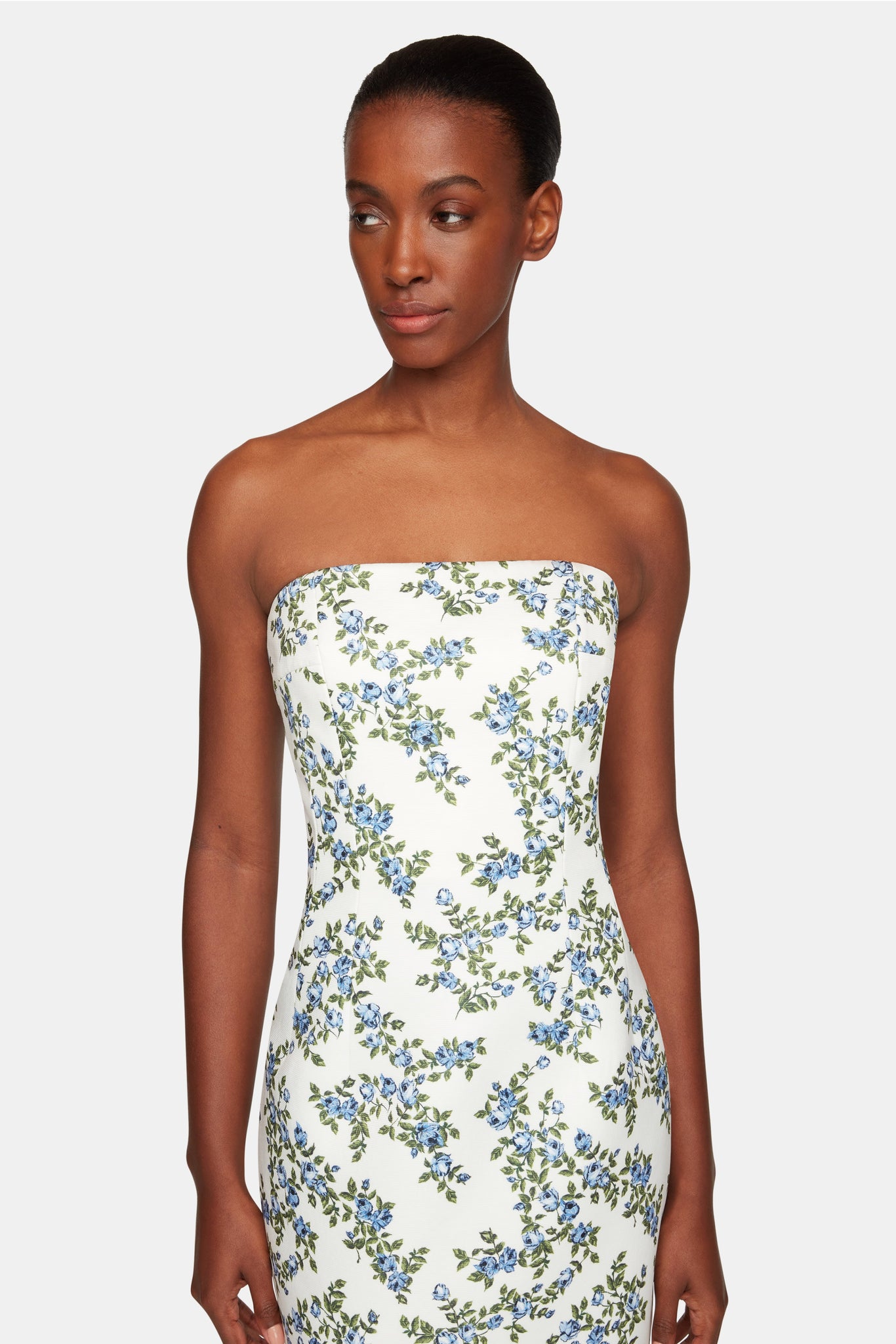 Leila Strapless Dress In Blue Roses on White Taffeta Faille - Emilia Wickstead