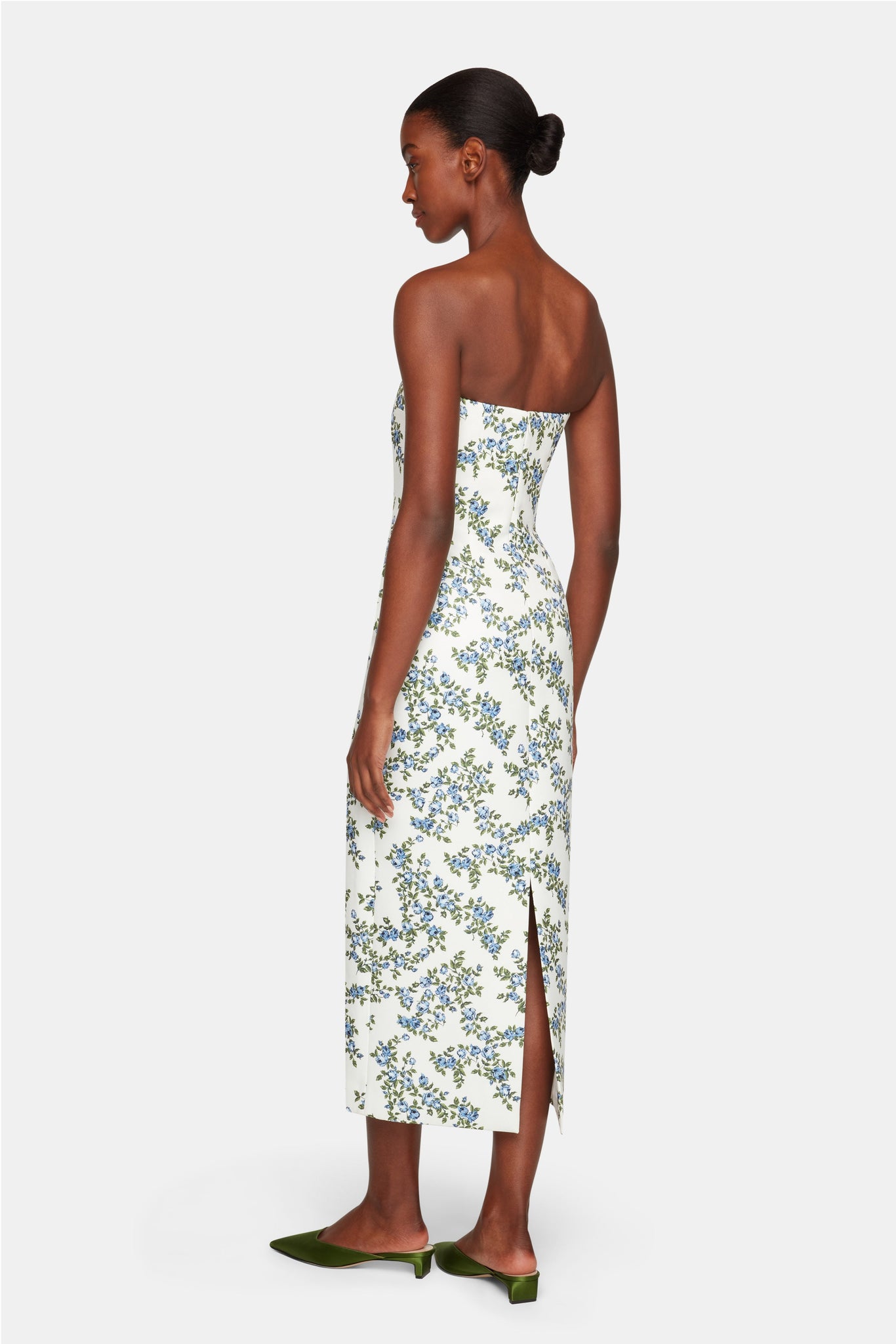 Leila Strapless Dress In Blue Roses on White Taffeta Faille - Emilia Wickstead