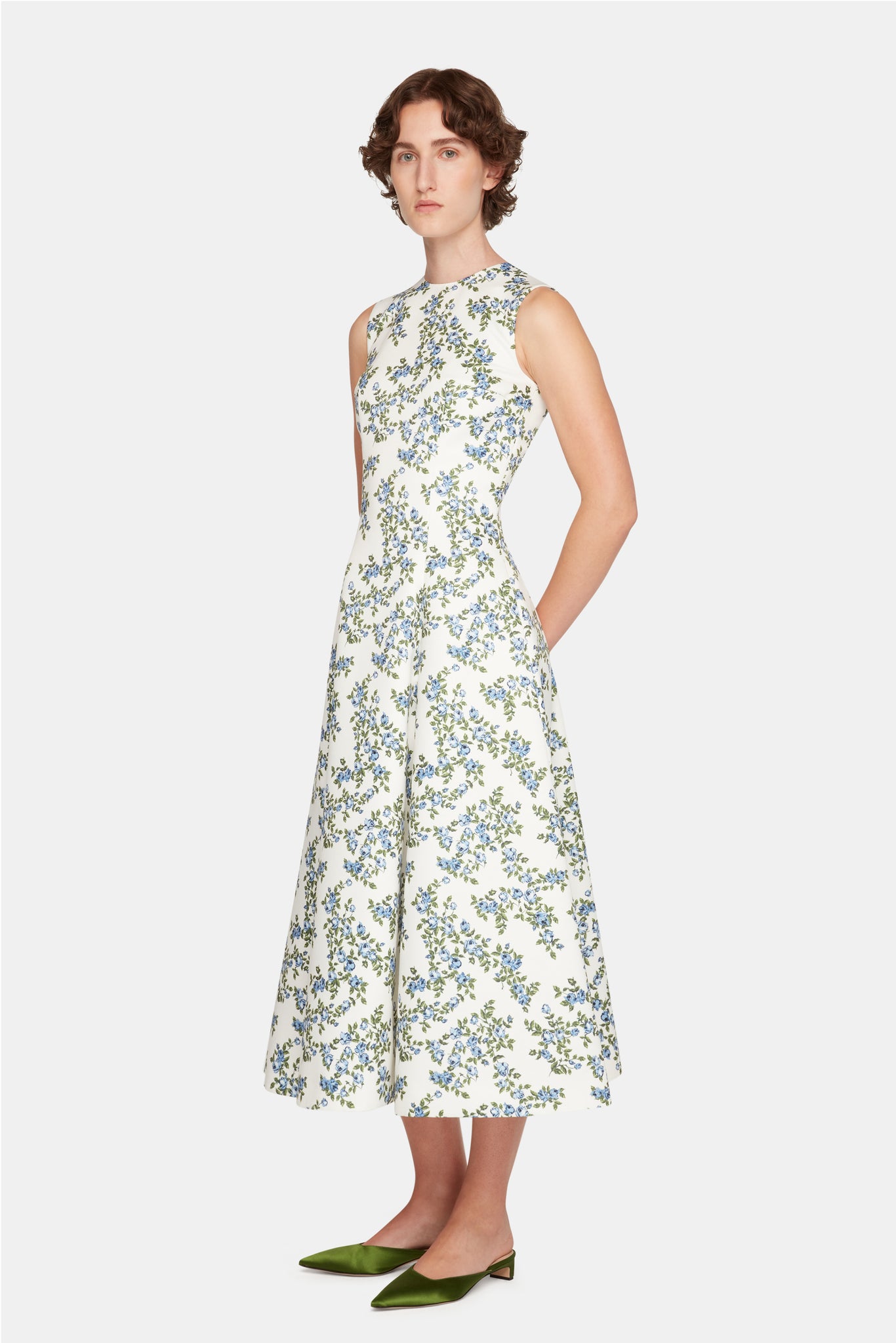 Mara Dress Blue Rose on White Taffeta Faille | Emilia Wickstead Mara Dress Blue Rose on White Taffeta Faille | Emilia Wickstead
