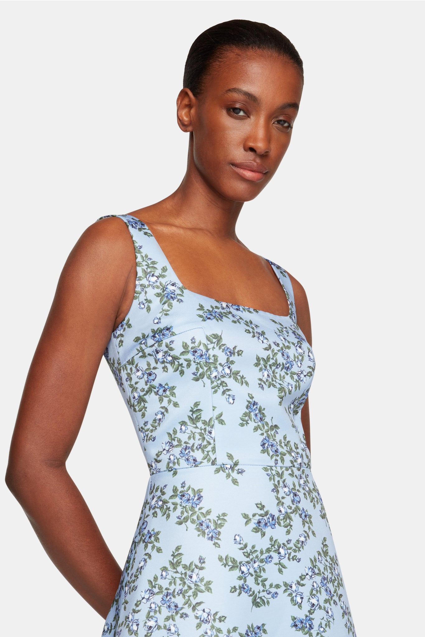 Shiloh Dress In Blue Rose Floral Printed Tafetta Faille | Emilia Wickstead Shiloh Dress In Blue Rose Floral Printed Tafetta Faille | Emilia Wickstead