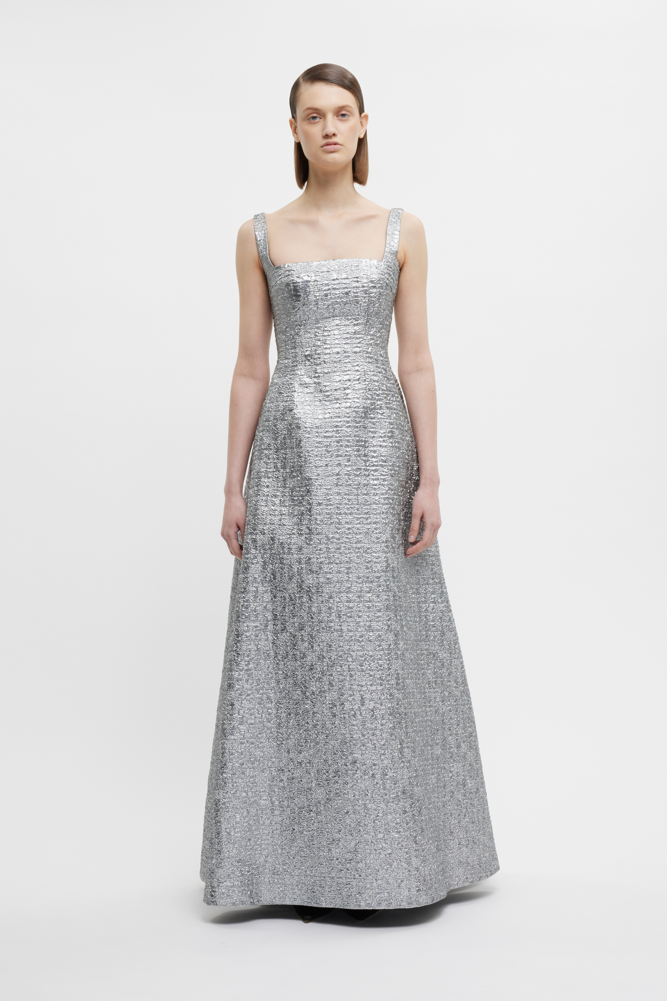 Irena Dress In Silver Metallic Seersucker | Emilia Wickstead