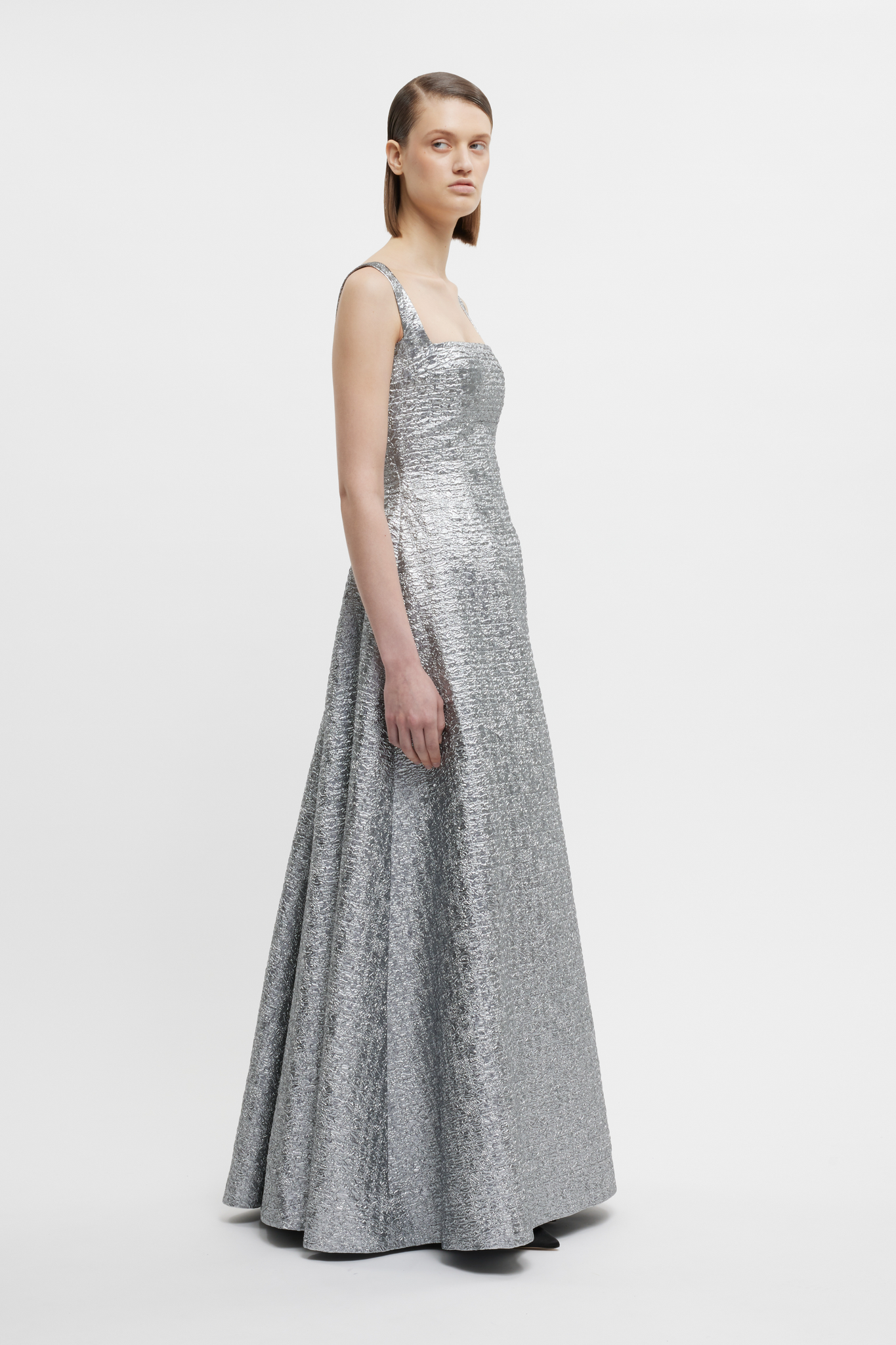 Irena Dress In Silver Metallic Seersucker | Emilia Wickstead