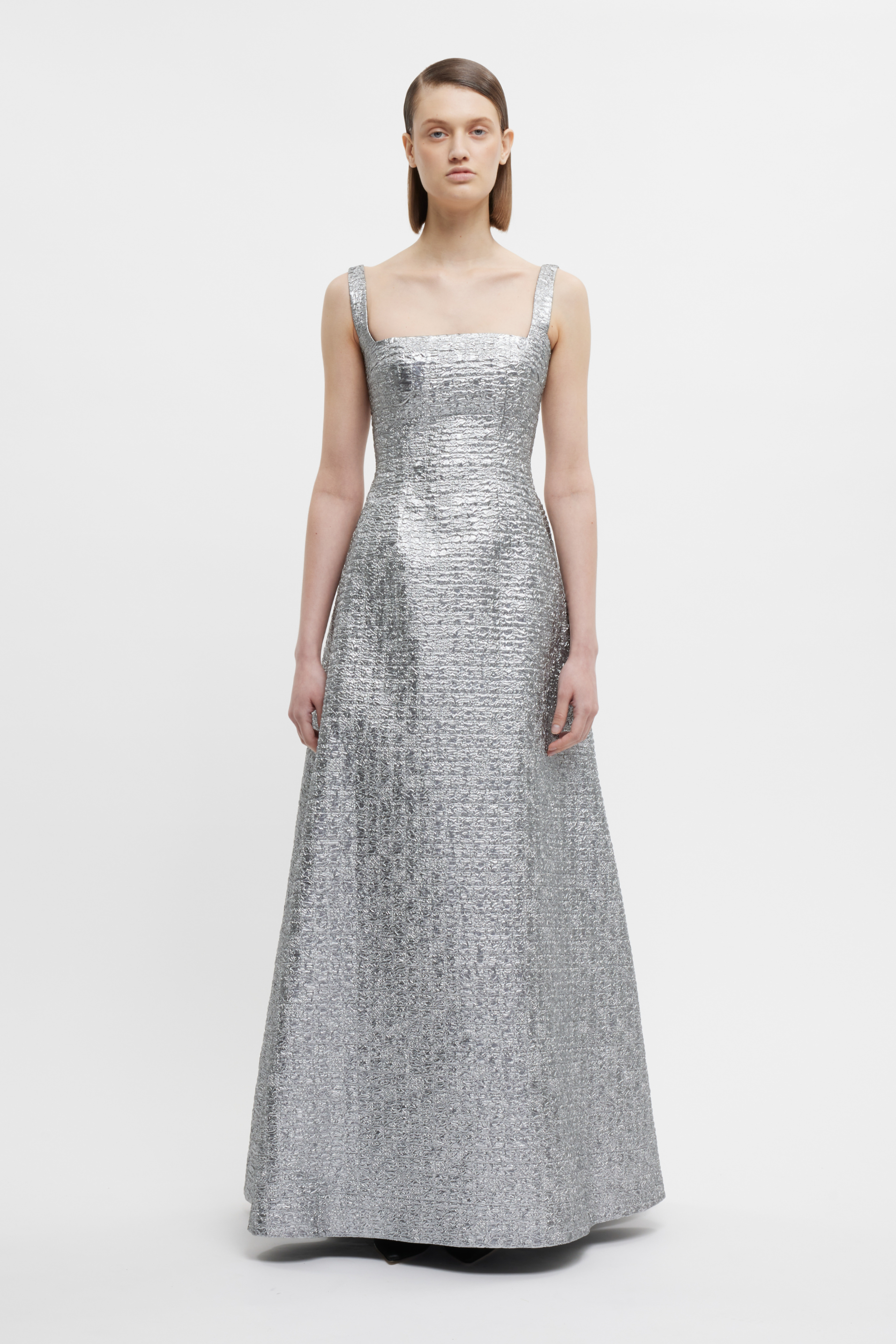 Irena Dress In Silver Metallic Seersucker