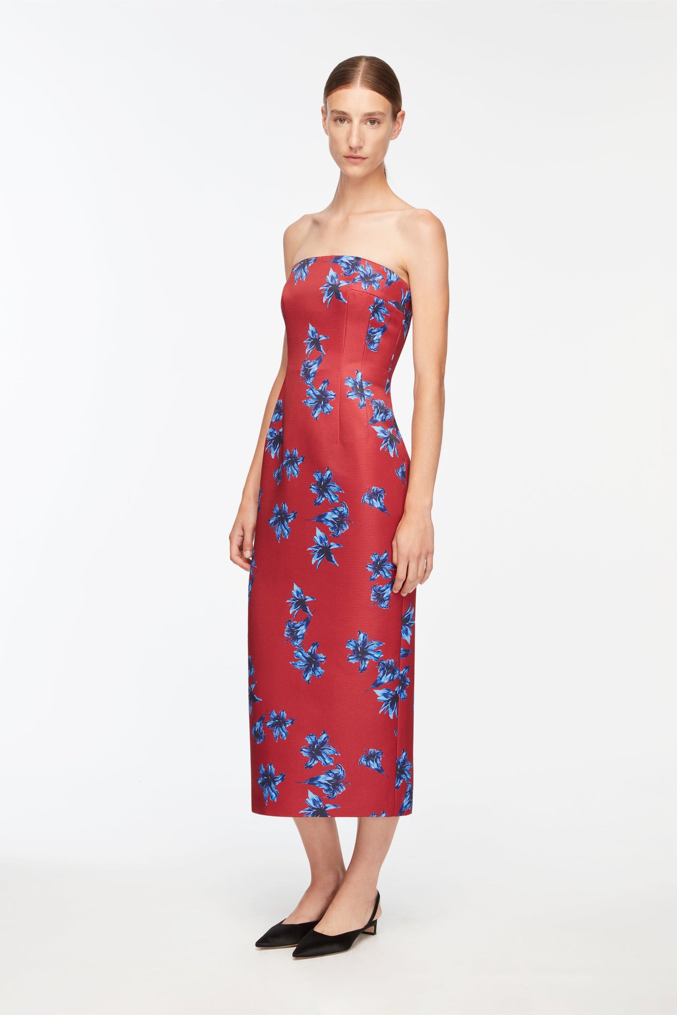 Leila Dress In Red & Blue Festive Lillies Taffeta Faille