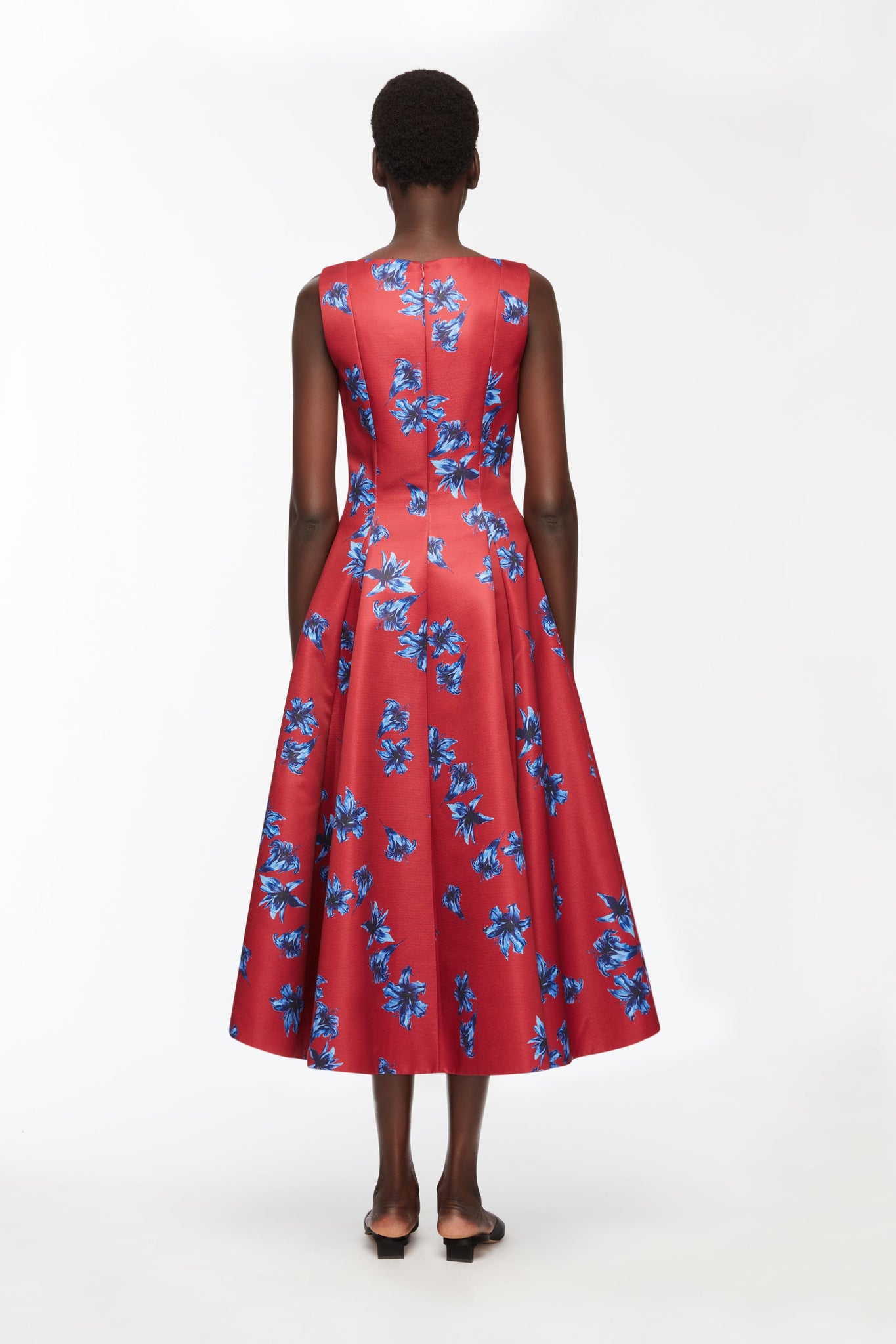Octavie Dress In Red & Blue Festive Lillies Taffeta Faille