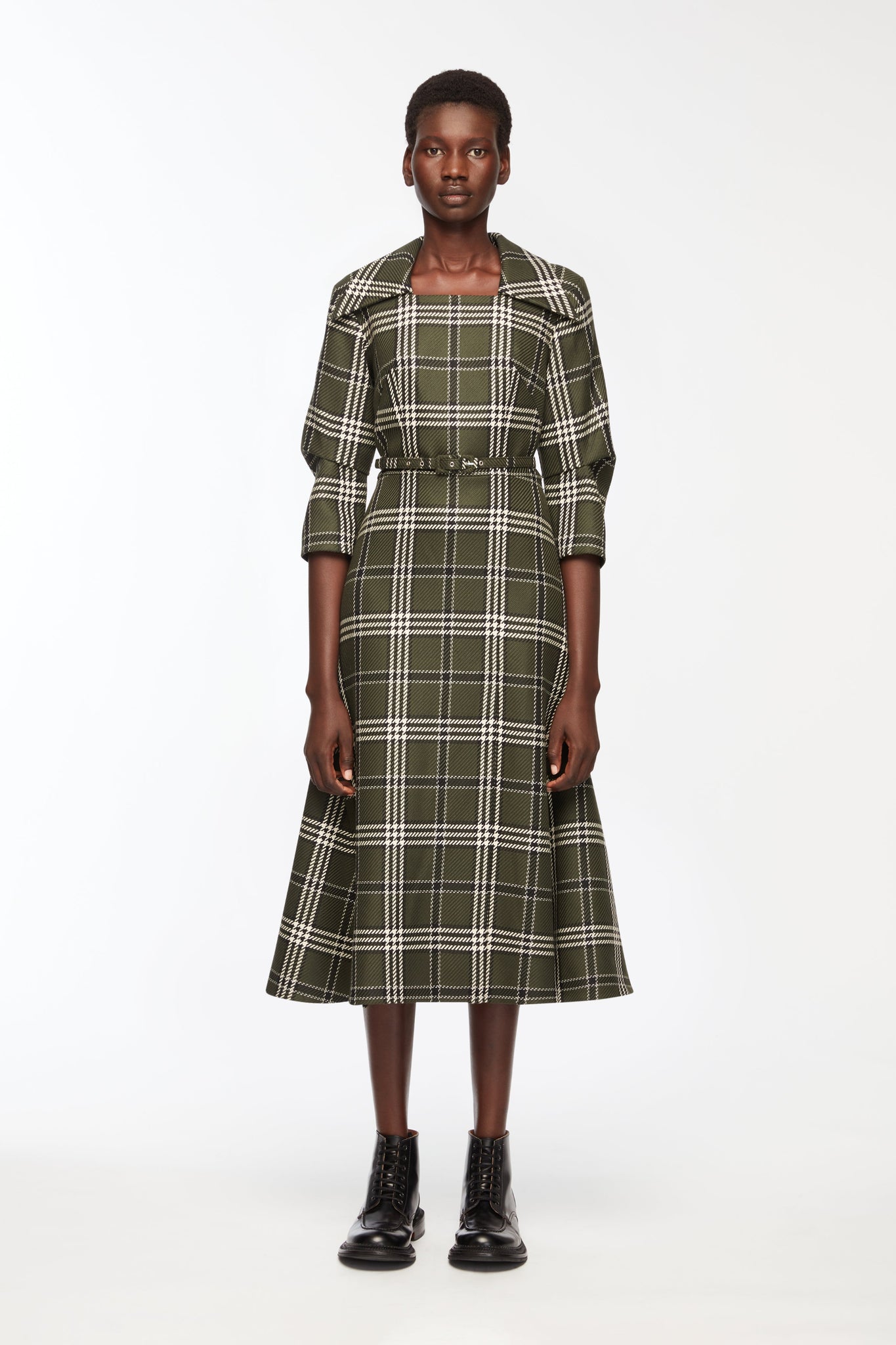 Arete Dress In Military Green Shetland Tartan