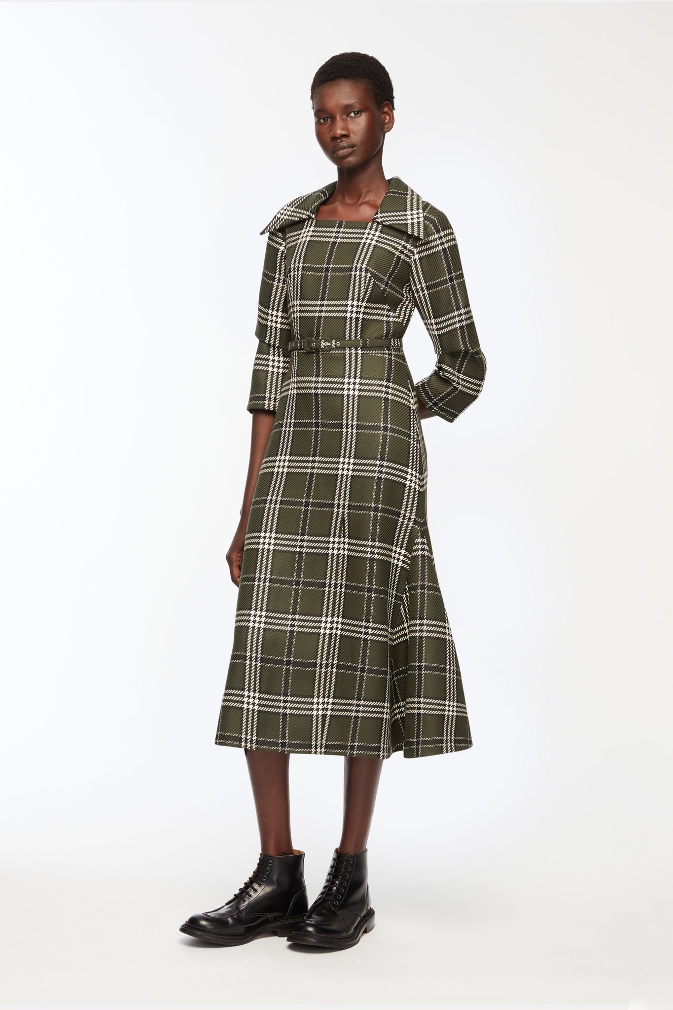 Arete Dress In Military Green Shetland Tartan