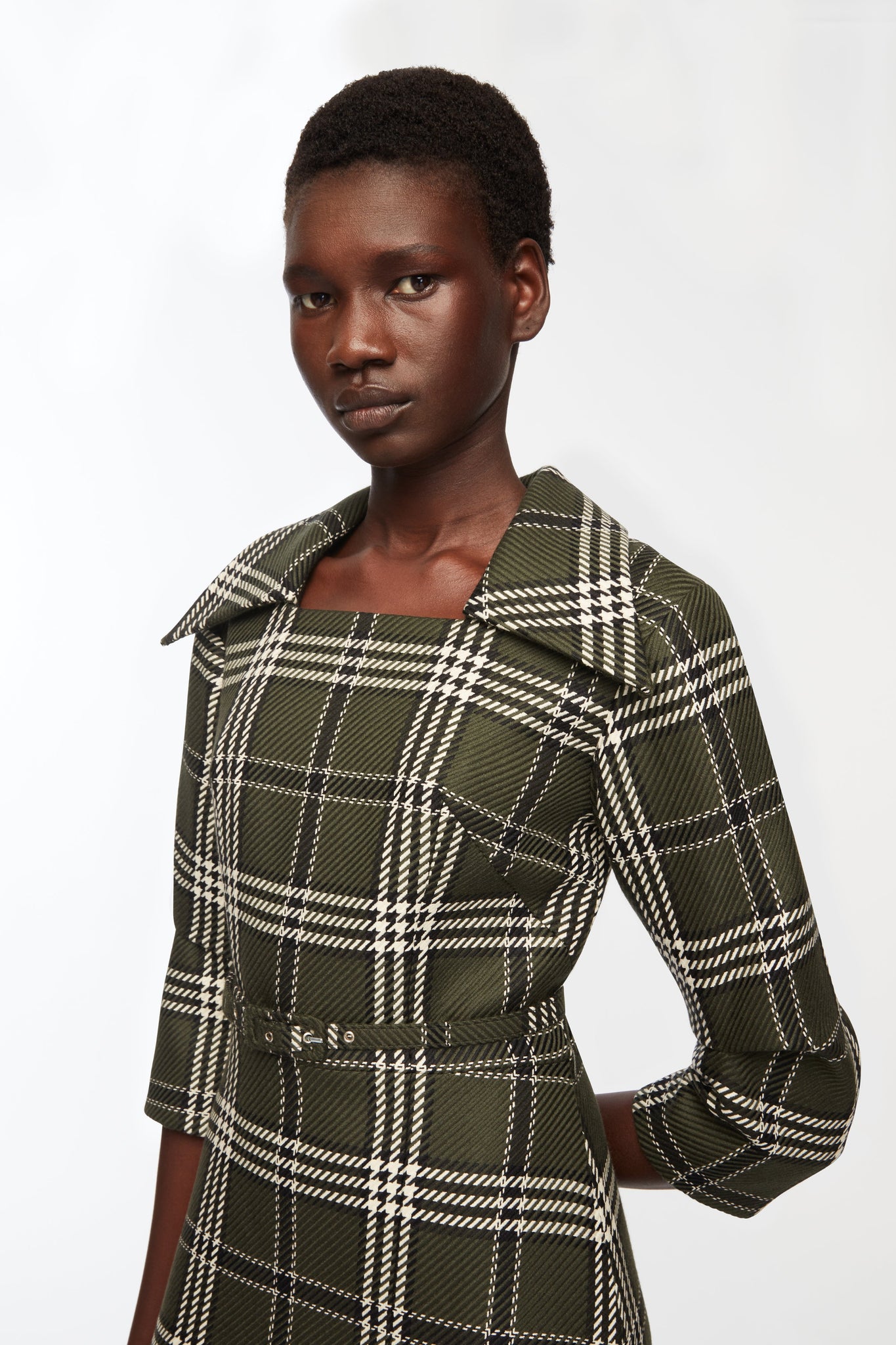 Arete Dress In Military Green Shetland Tartan