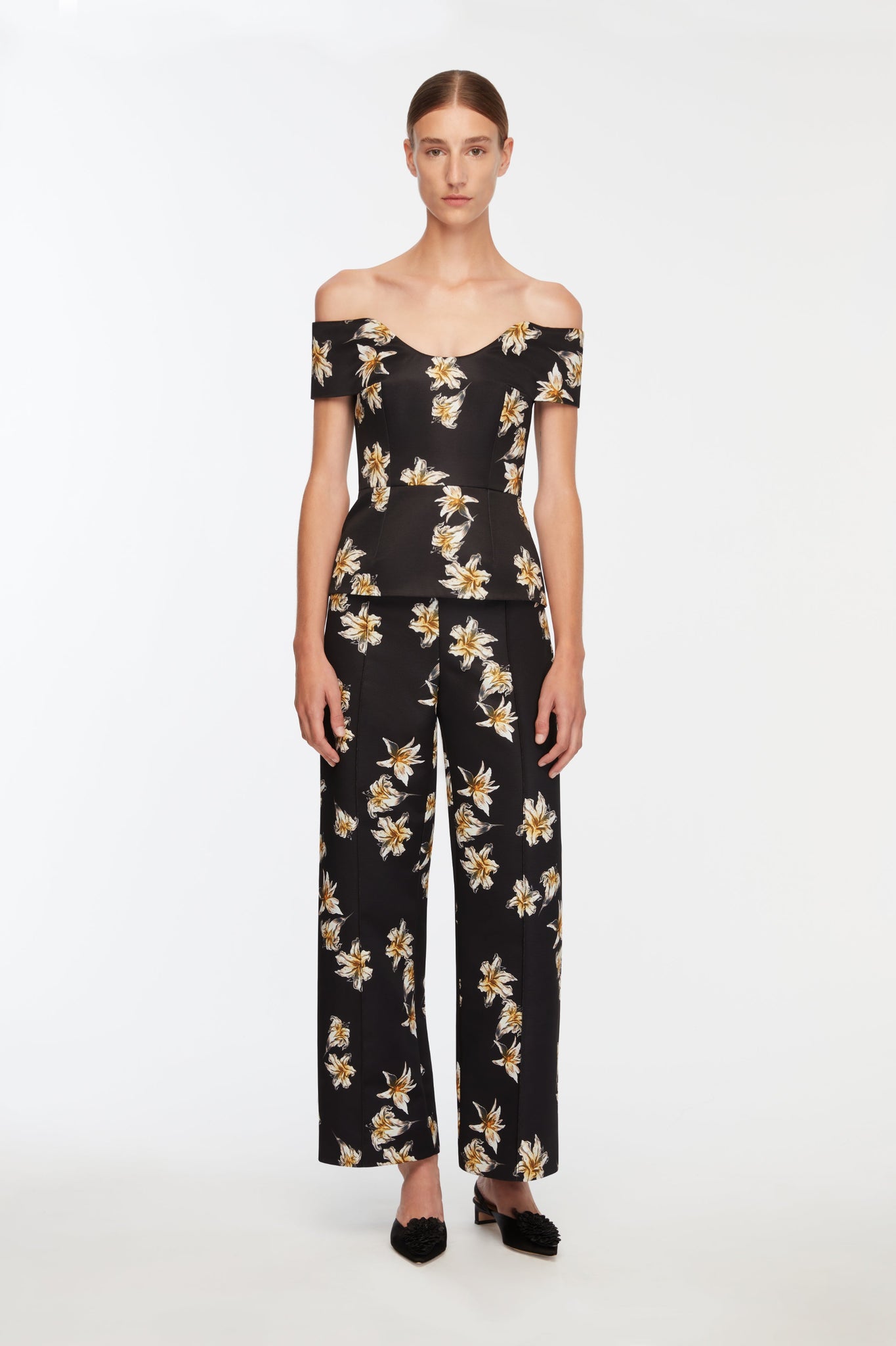 Souline Top In Black & Yellow Festive Lillies Taffeta Faille