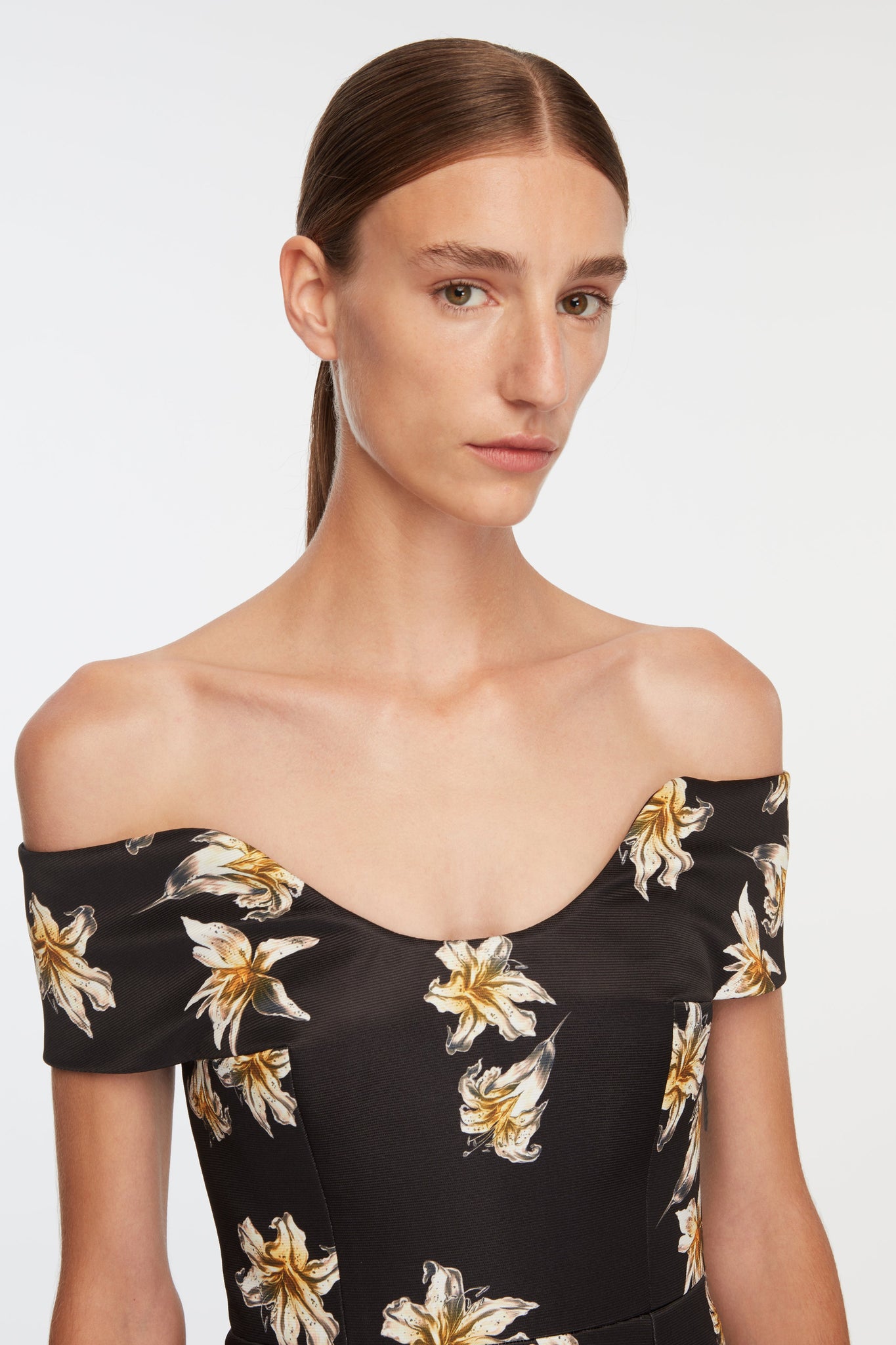 Souline Top In Black & Yellow Festive Lillies Taffeta Faille