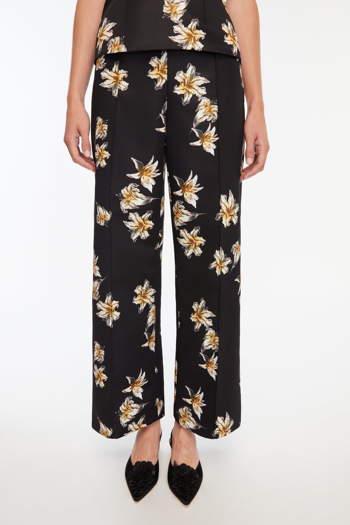 Daffy Trousers In Black & Yellow Festive Lillies Taffeta Faille