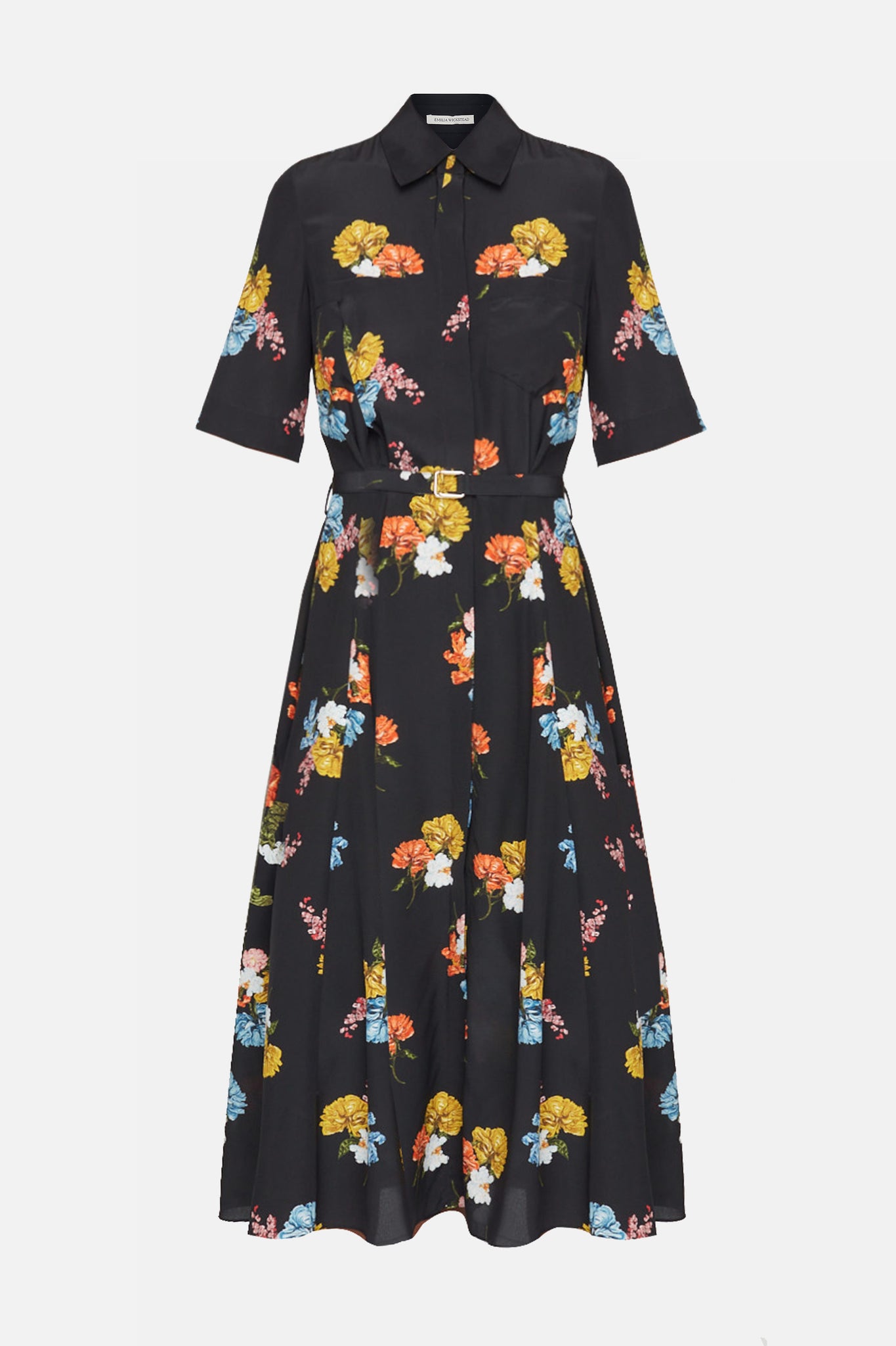 Rubie Dress In Retro Bouquet On Black Silk Crepe De Chine