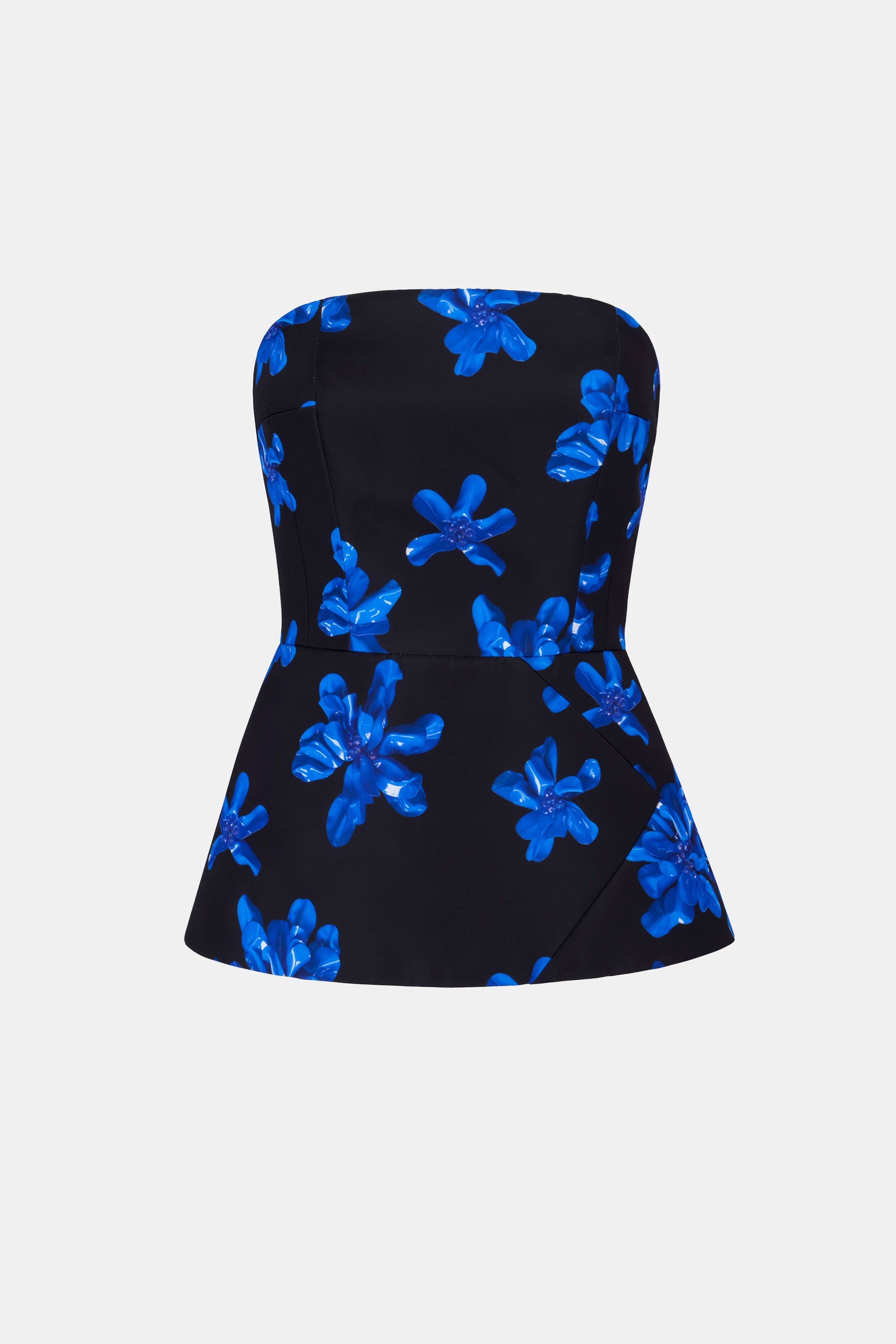 Regan Top In Electric Blue Floral On Black Genzianella