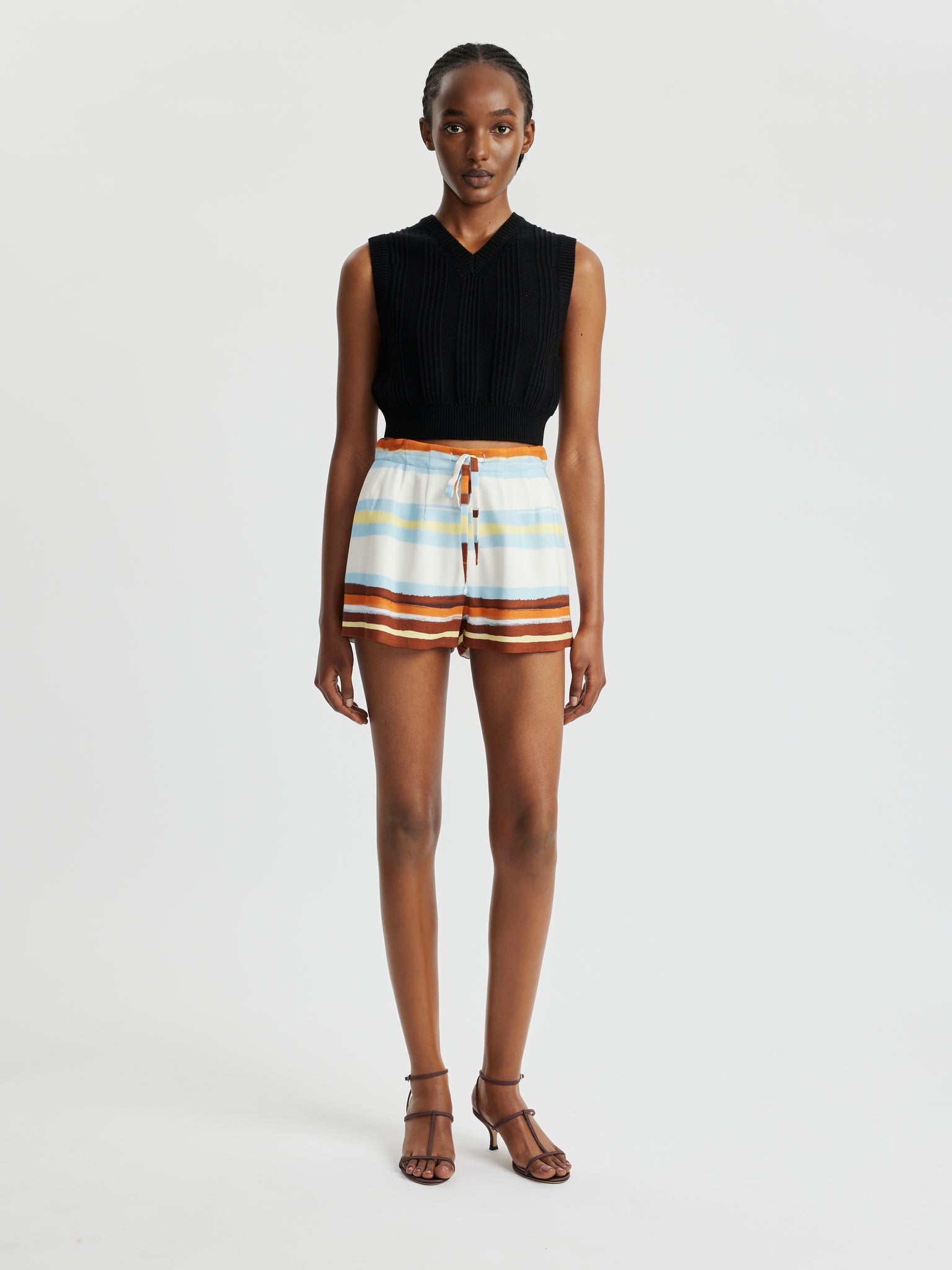 Pablo Shorts In Painted Brown Stripe Printed Cotton Stretch