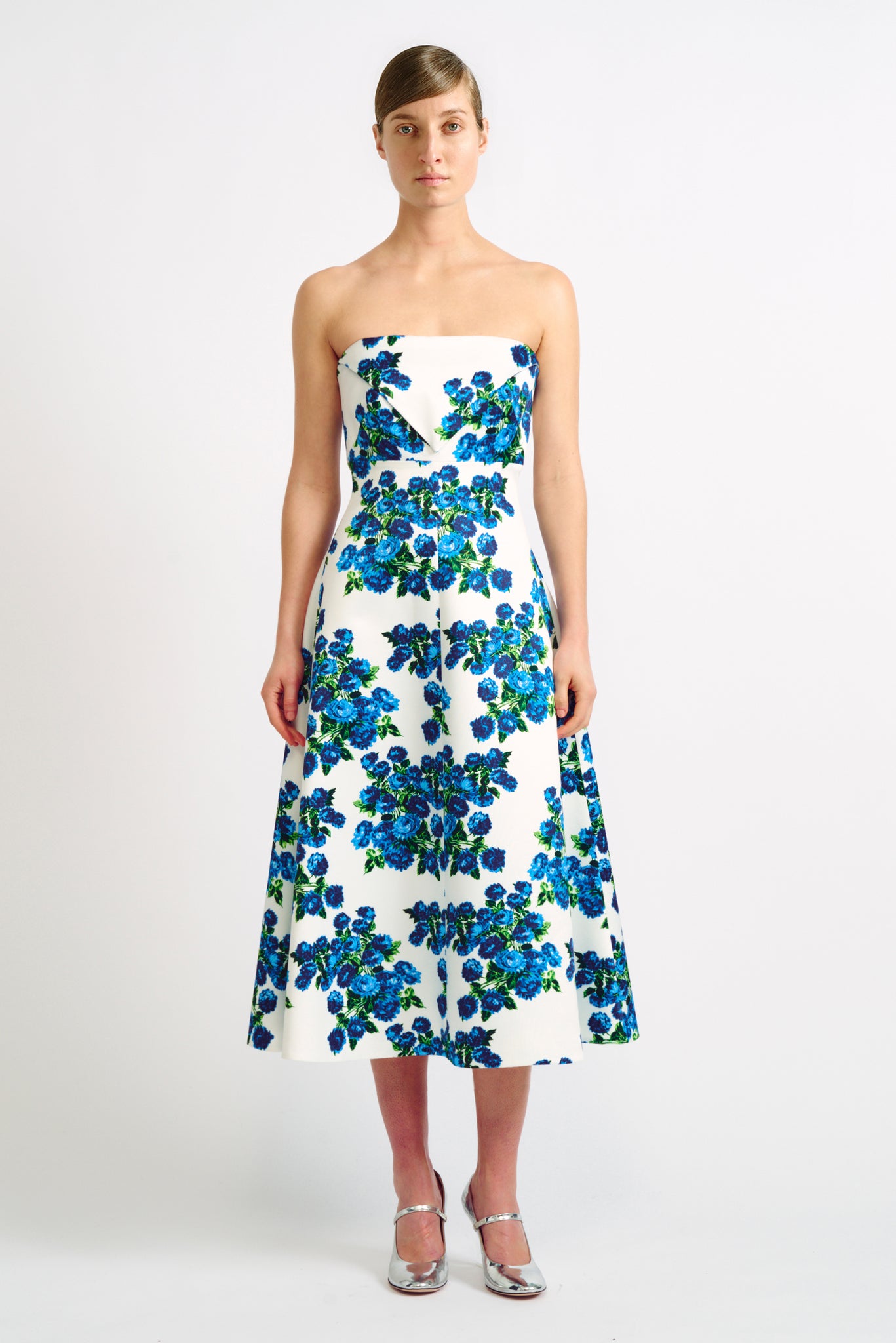 Simran Blue Floral Bouquet Strapless Dress | Emila Wickstead